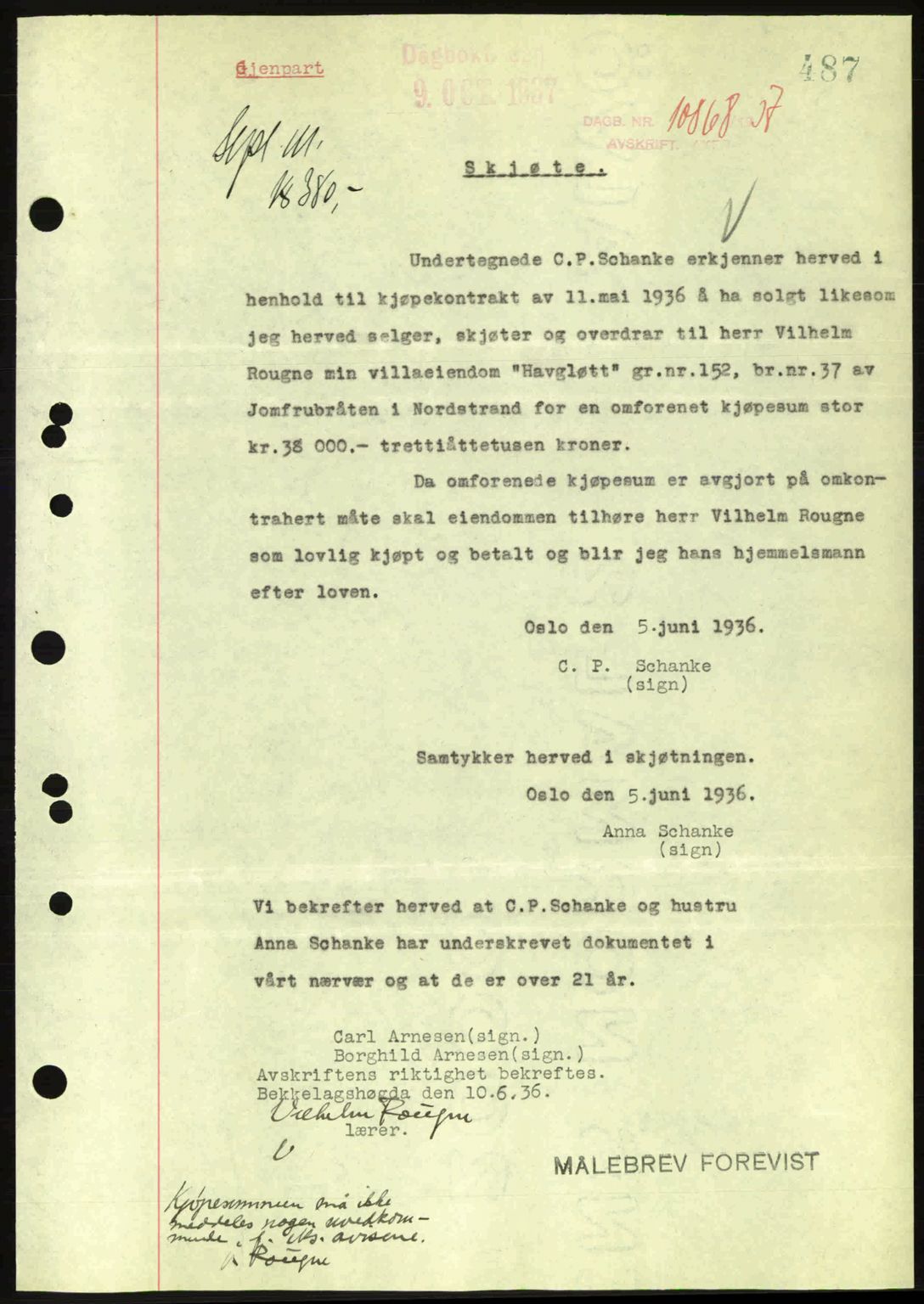 Aker herredsskriveri, SAO/A-10896/G/Gb/Gba/Gbab/L0017: Pantebok nr. A148, 1937-1937, Dagboknr: 10868/1937