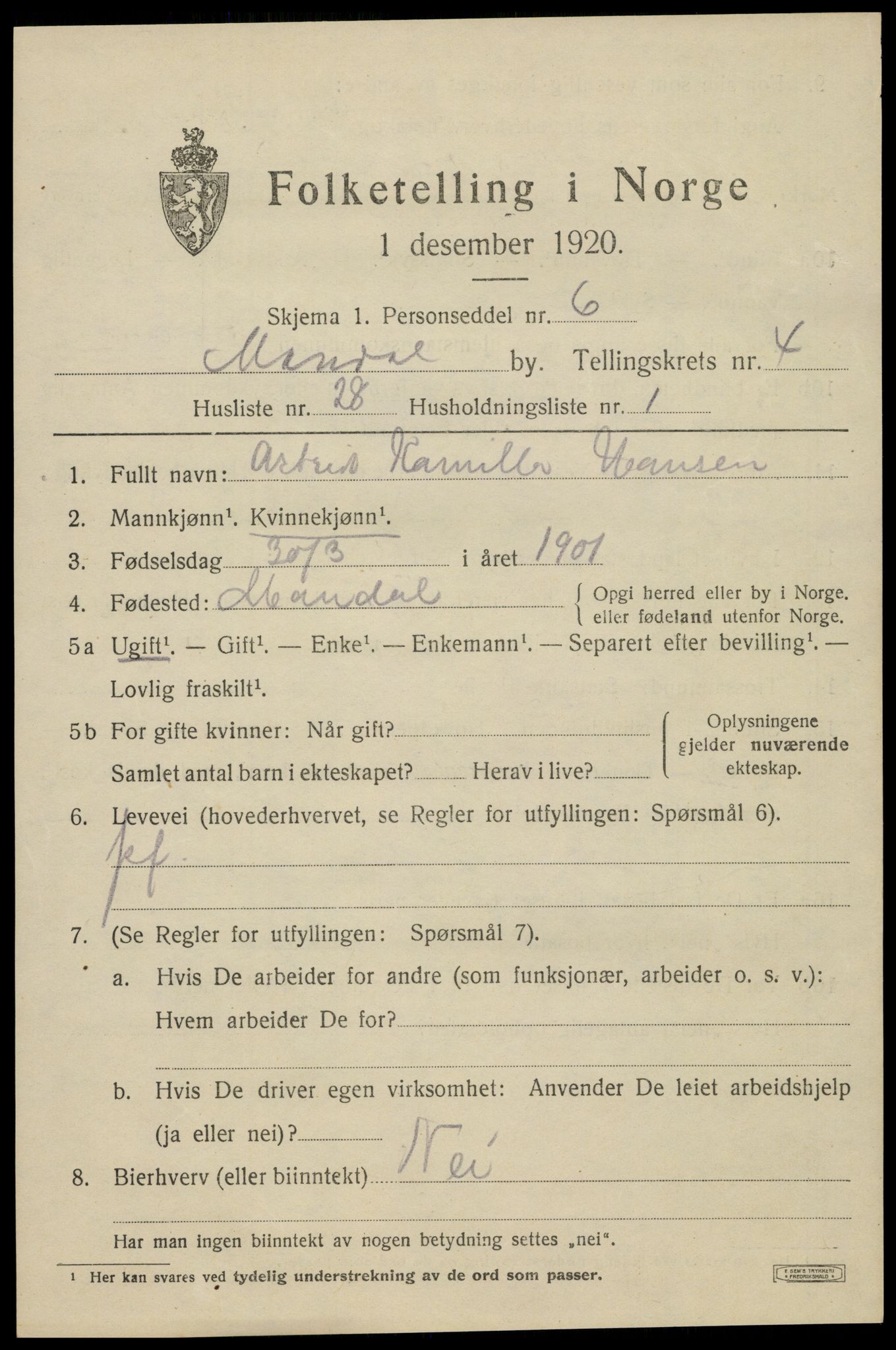 SAK, Folketelling 1920 for 1002 Mandal ladested, 1920, s. 7283