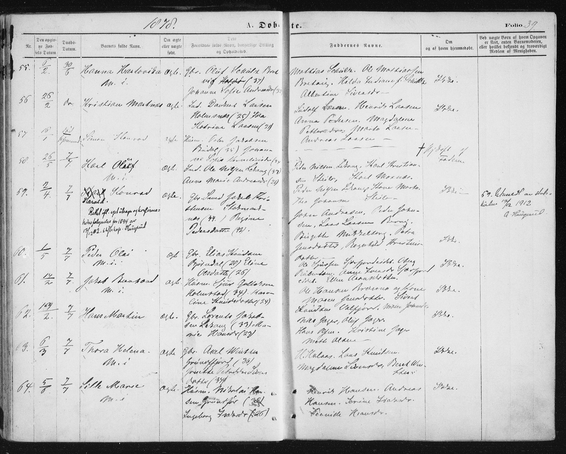 Ministerialprotokoller, klokkerbøker og fødselsregistre - Nordland, AV/SAT-A-1459/888/L1243: Ministerialbok nr. 888A09, 1876-1879, s. 39
