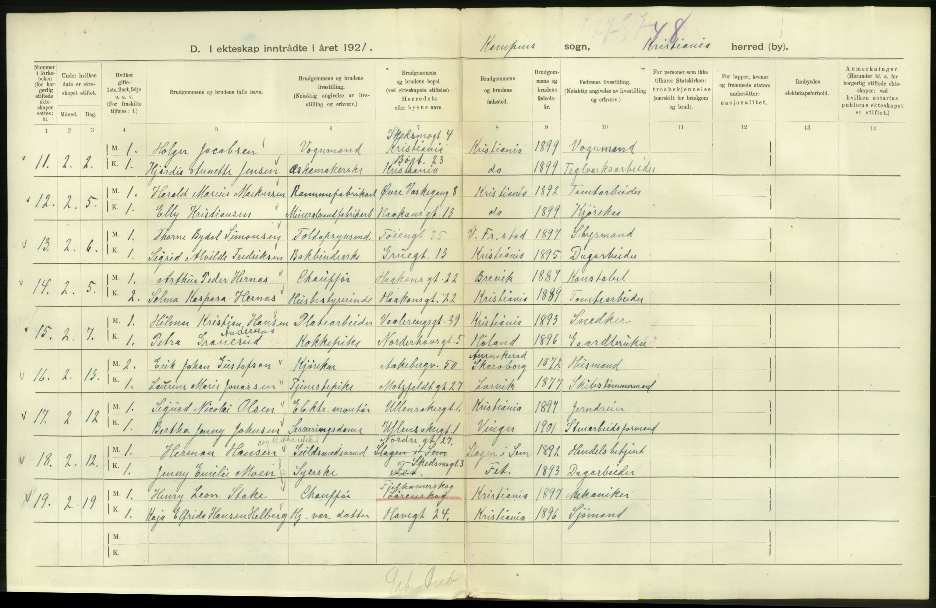 Statistisk sentralbyrå, Sosiodemografiske emner, Befolkning, AV/RA-S-2228/D/Df/Dfc/Dfca/L0011: Kristiania: Gifte, 1921, s. 754