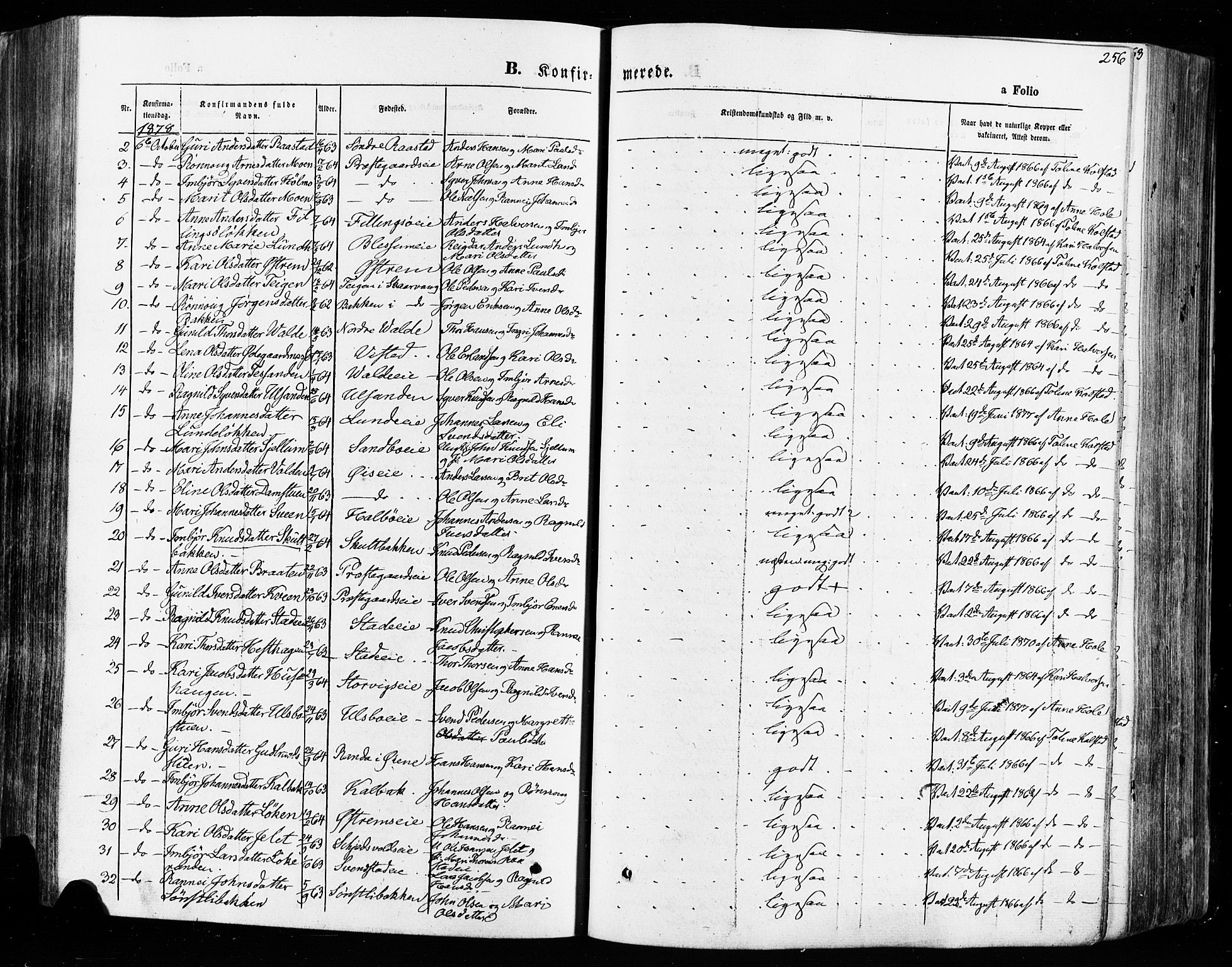 Vågå prestekontor, AV/SAH-PREST-076/H/Ha/Haa/L0007: Ministerialbok nr. 7 /1, 1872-1886, s. 256
