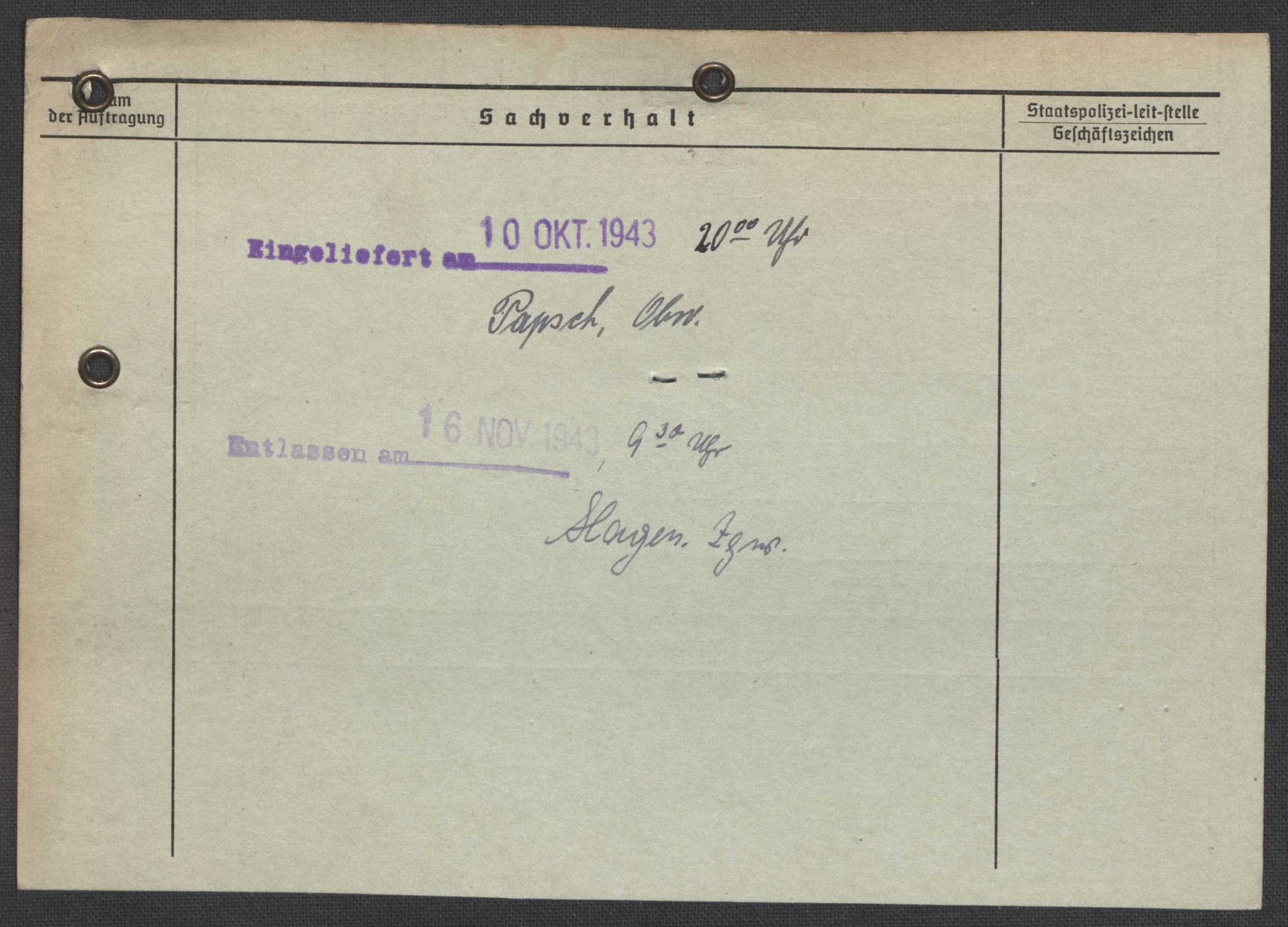 Befehlshaber der Sicherheitspolizei und des SD, RA/RAFA-5969/E/Ea/Eaa/L0002: Register over norske fanger i Møllergata 19: Bj-Eng, 1940-1945, s. 1330
