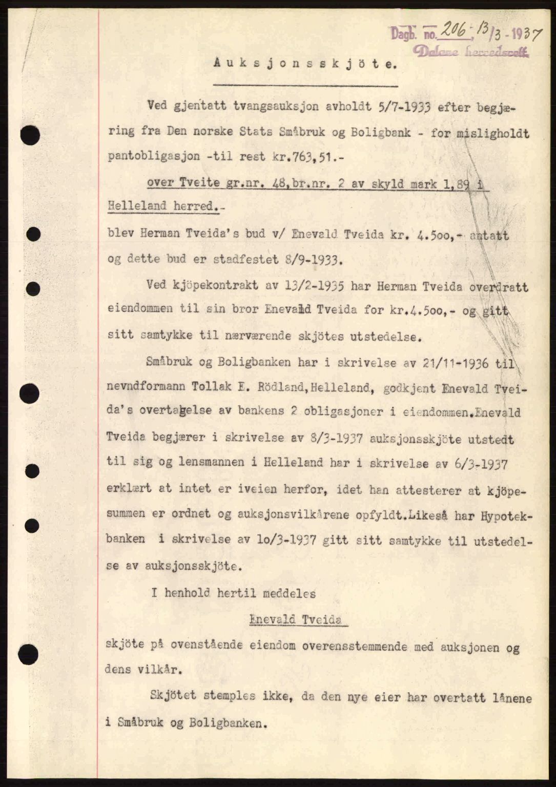 Dalane sorenskriveri, SAST/A-100309/02/G/Gb/L0041: Pantebok nr. A2, 1936-1937, Dagboknr: 206/1937