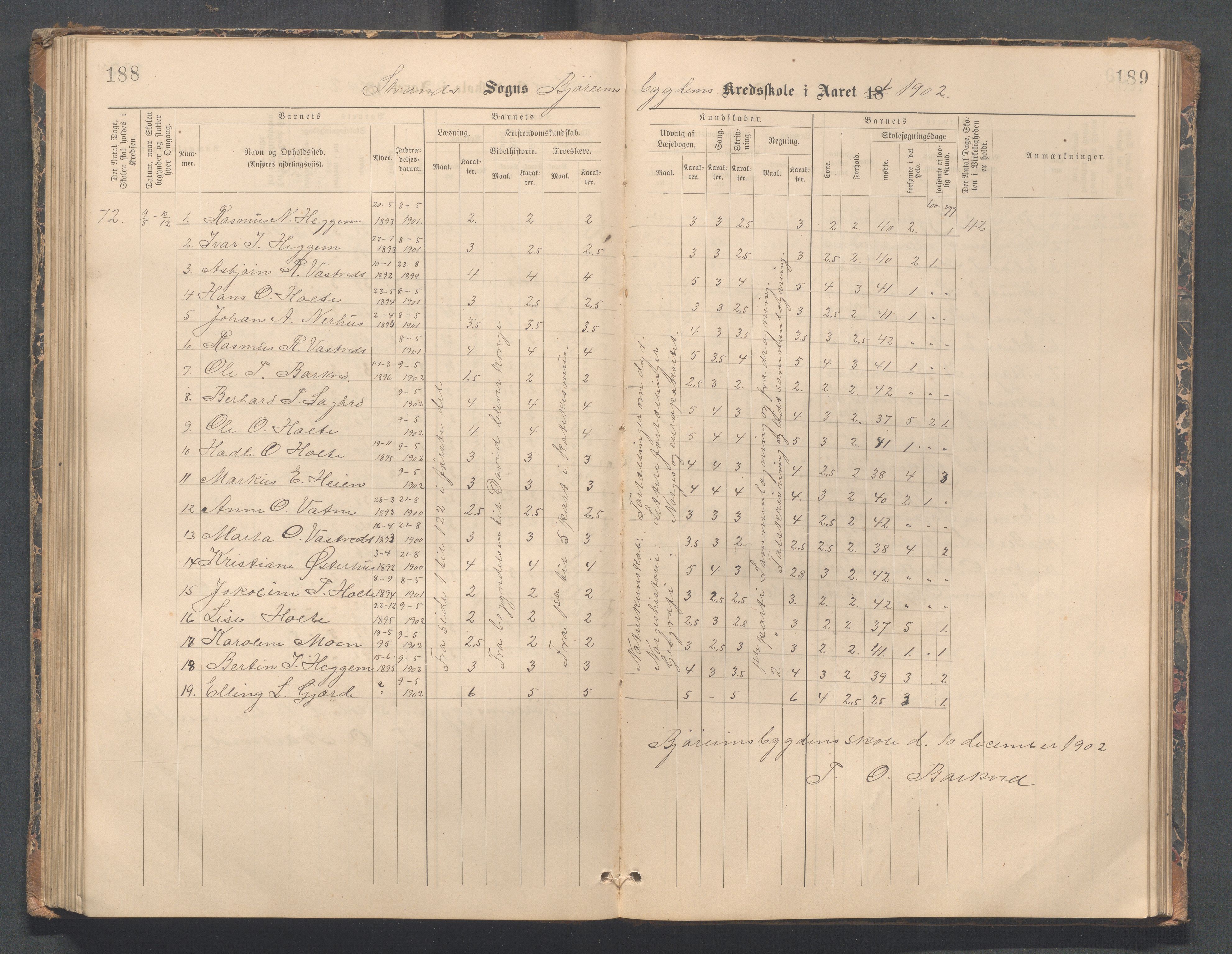 Strand kommune - Bjørheimsbygd skole, IKAR/A-147/H/L0002: Skoleprotokoll for Bjørheimsbygd og Lekvam krets, 1891-1907, s. 188-189