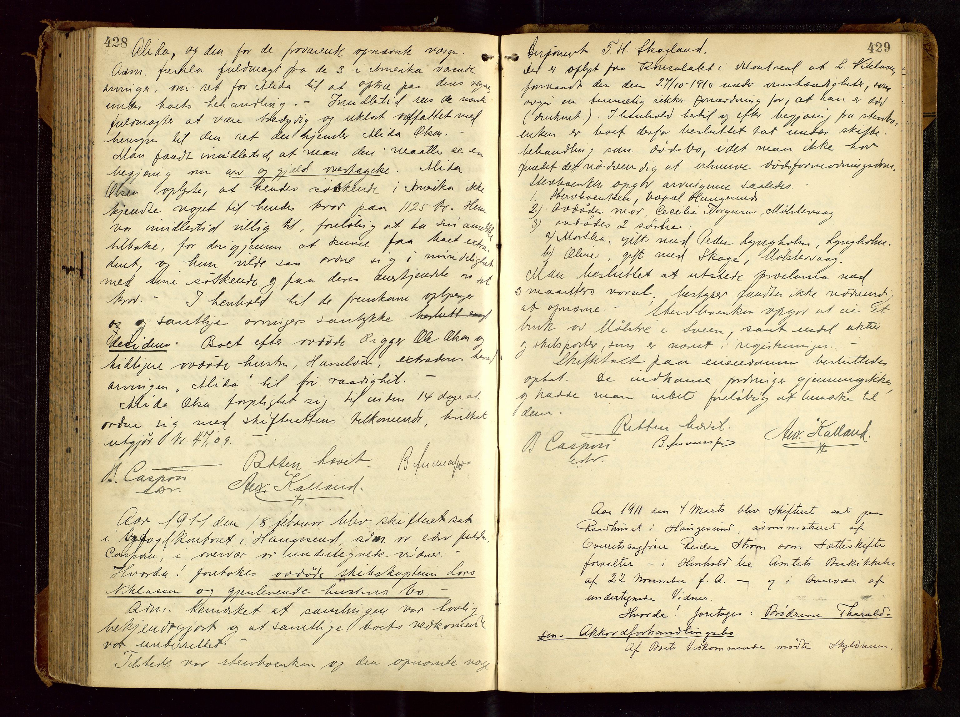 Haugesund tingrett, AV/SAST-A-101415/01/IV/IVC/L0001: Skifteforhandlingsprotokoll, med register, 1900-1912, s. 428-429