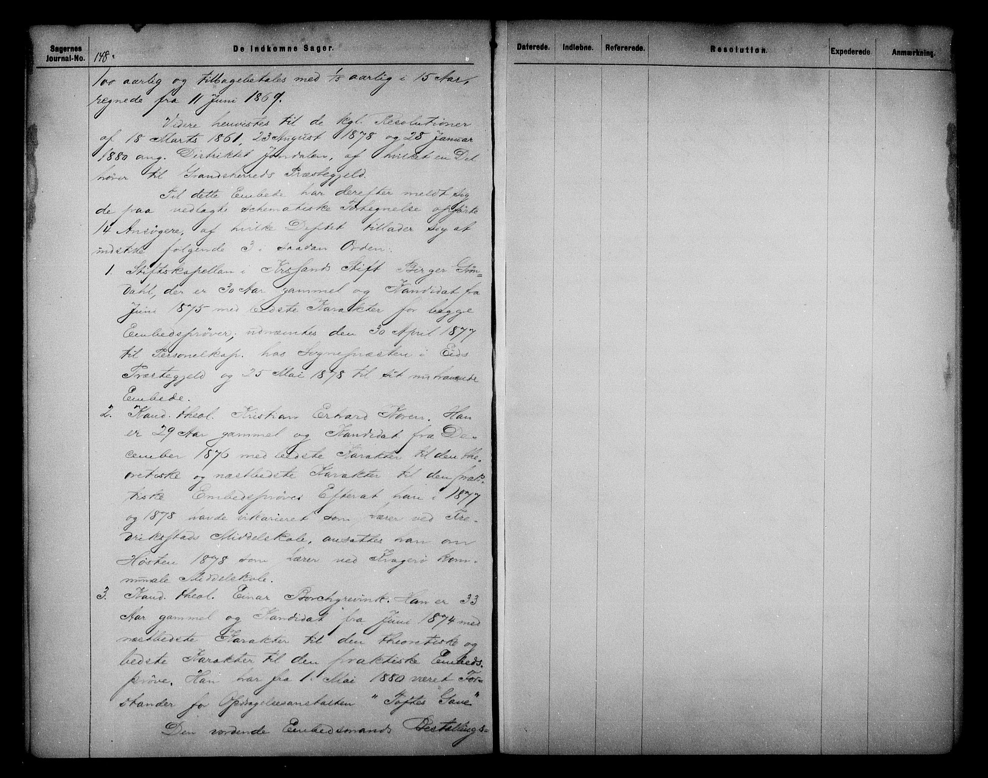 Kirke- og undervisningsdepartementet, Kontoret  for kirke og geistlighet A, AV/RA-S-1007/A/Aa/L0220: Referatprotokoll bd. 2. Ref.nr. 144-218, 1883