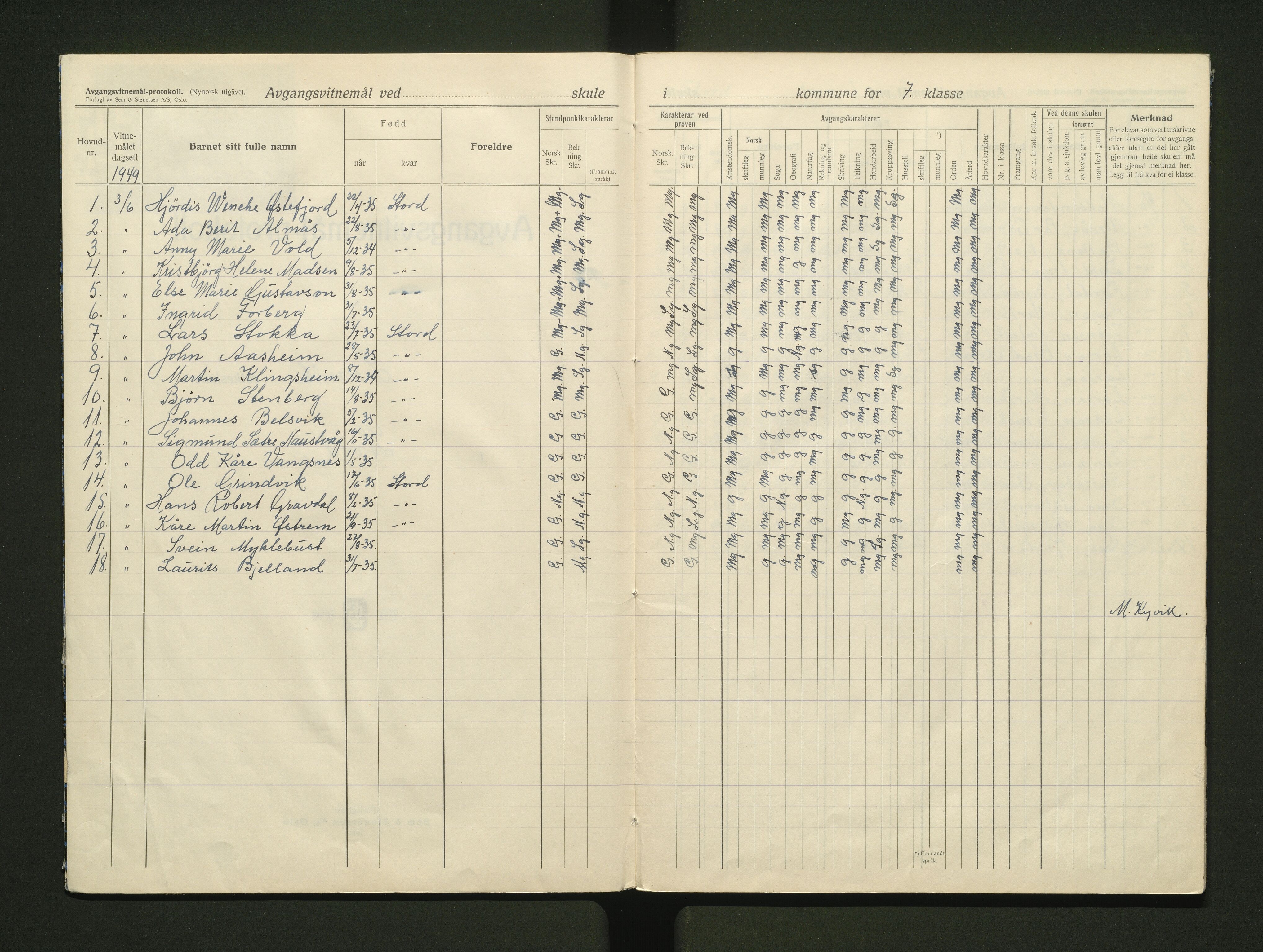 Stord kommune. Barneskulane, IKAH/1221-231/F/Fb/L0002: Avgangsvitnemålsprotokoll for Leirvik skule, 1949-1959