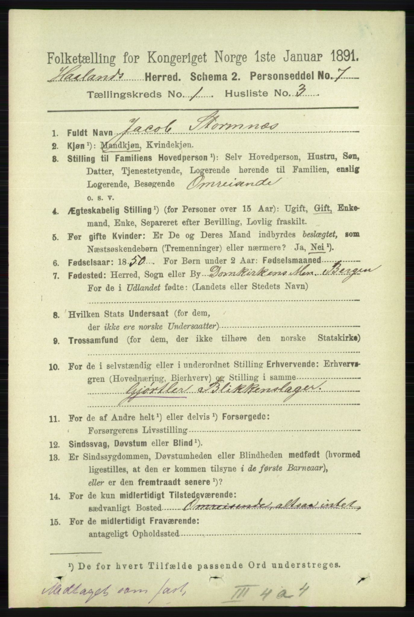 RA, Folketelling 1891 for 1124 Haaland herred, 1891, s. 154