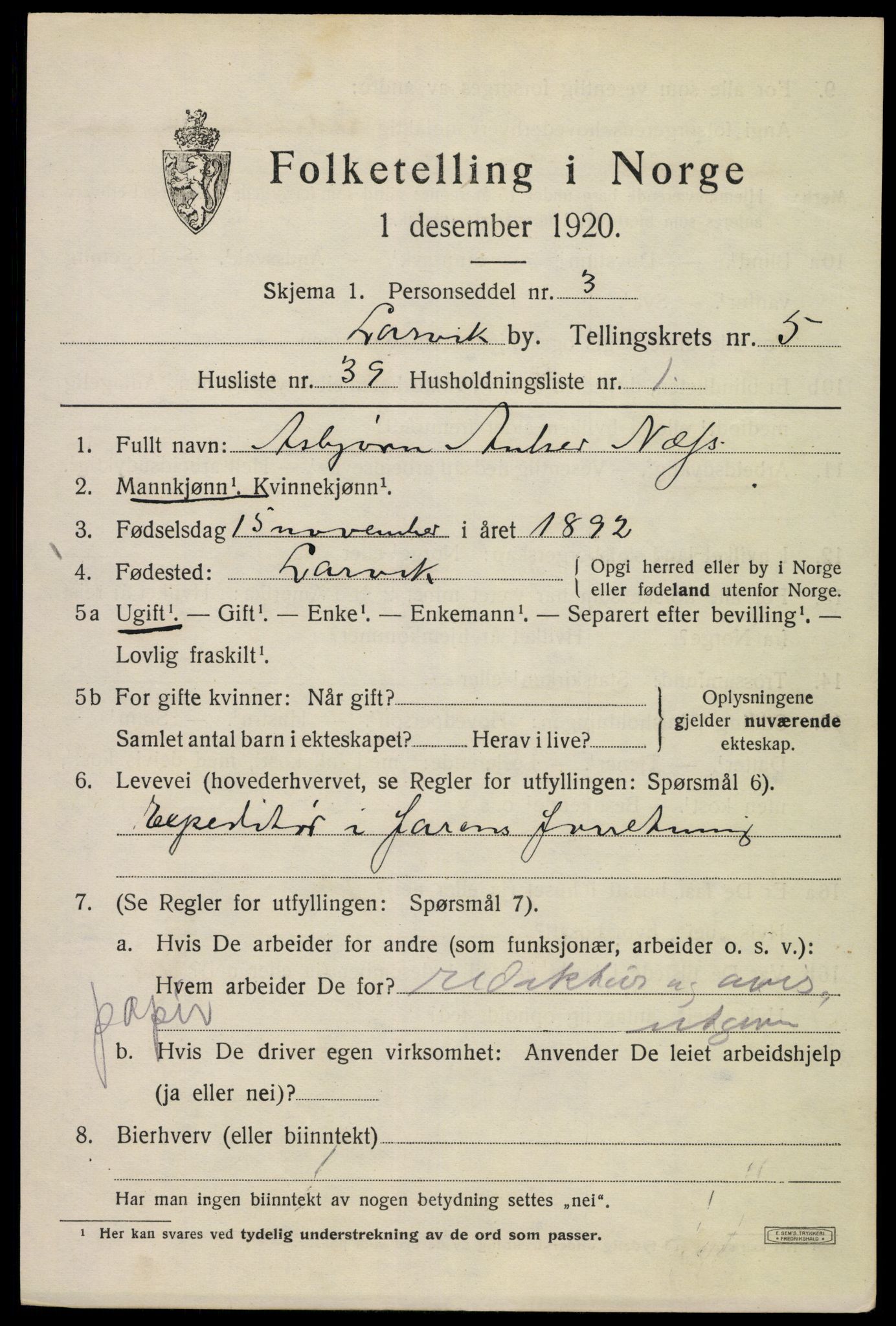 SAKO, Folketelling 1920 for 0707 Larvik kjøpstad, 1920, s. 16686