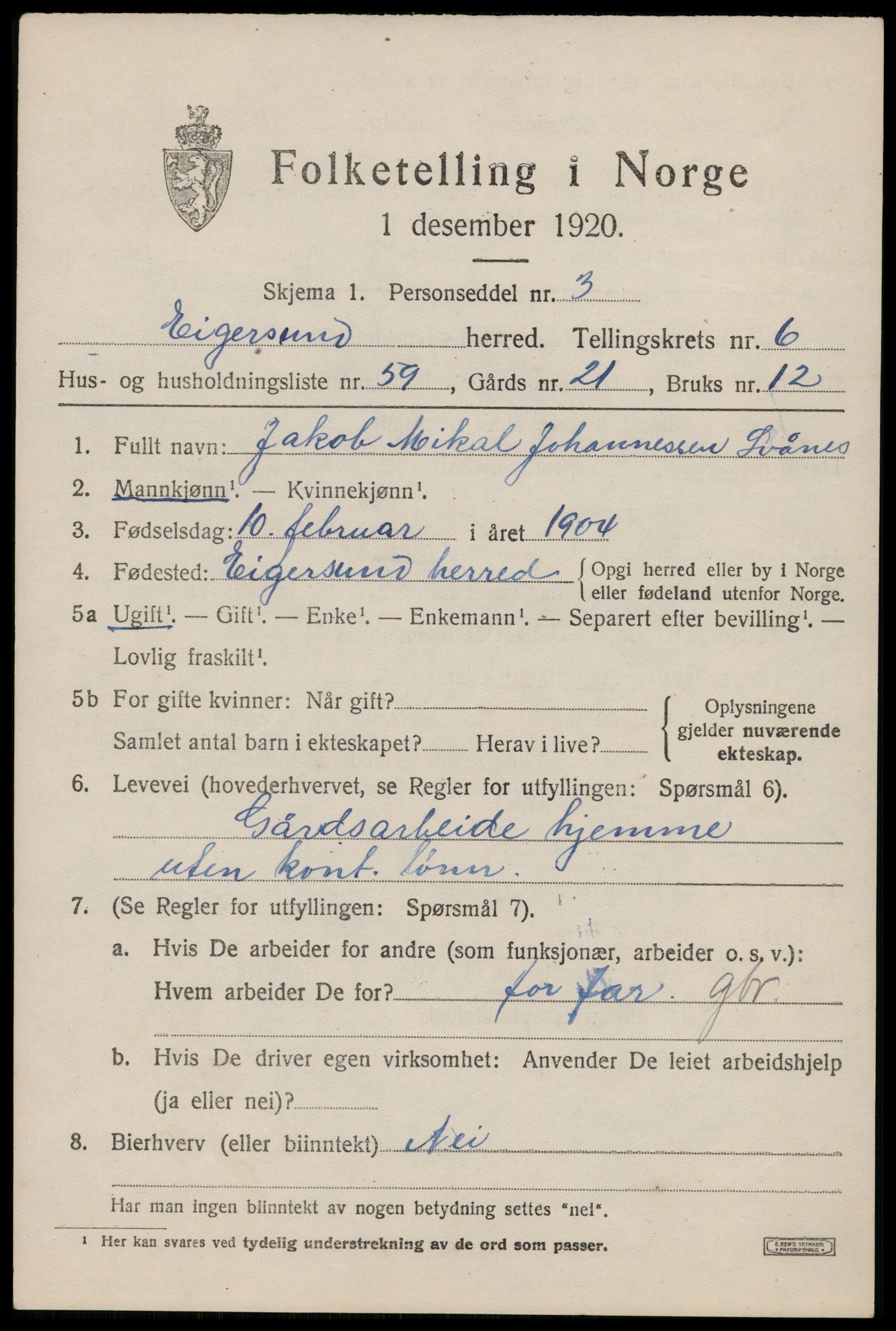 SAST, Folketelling 1920 for 1116 Eigersund herred, 1920, s. 4609