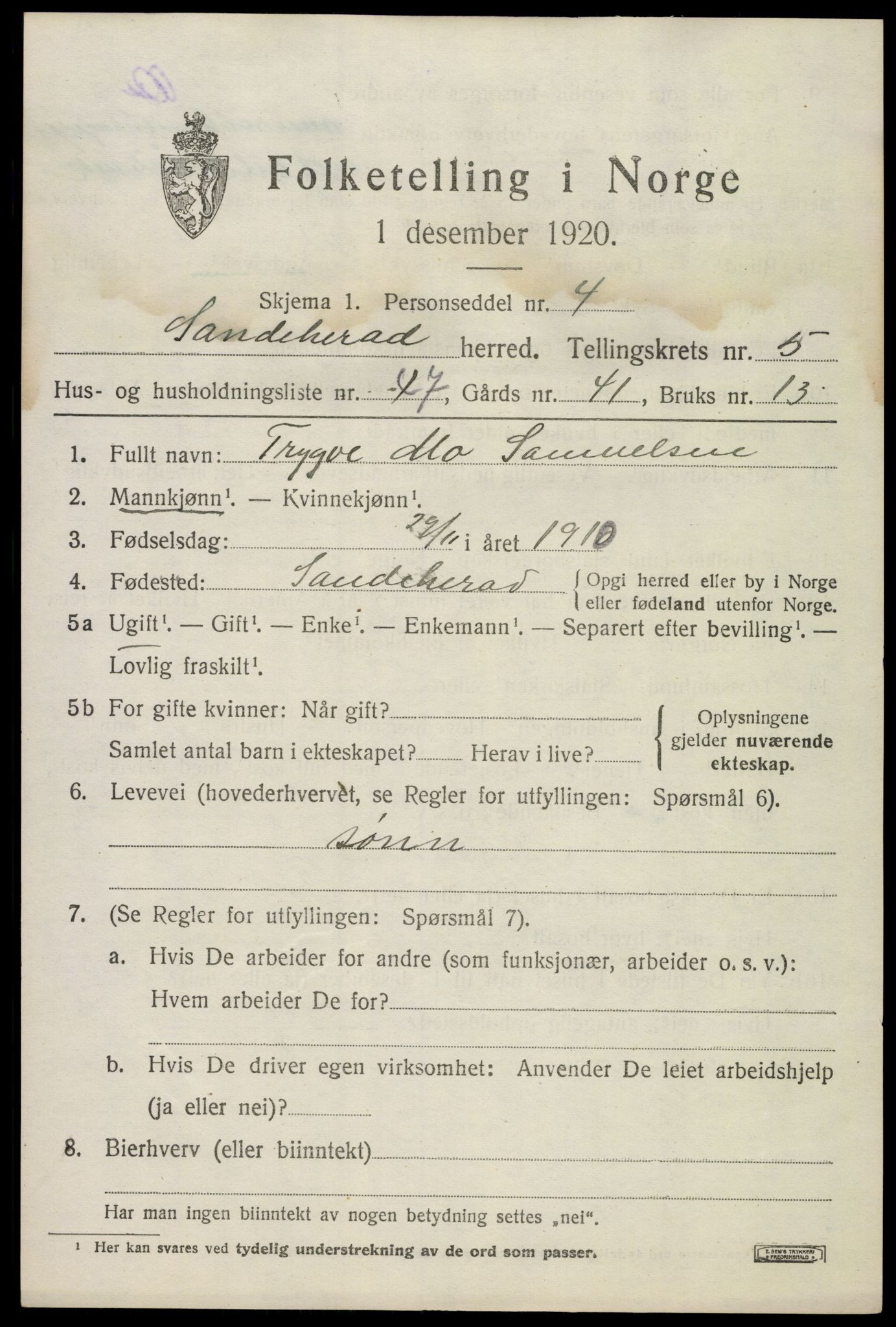 SAKO, Folketelling 1920 for 0724 Sandeherred herred, 1920, s. 8616