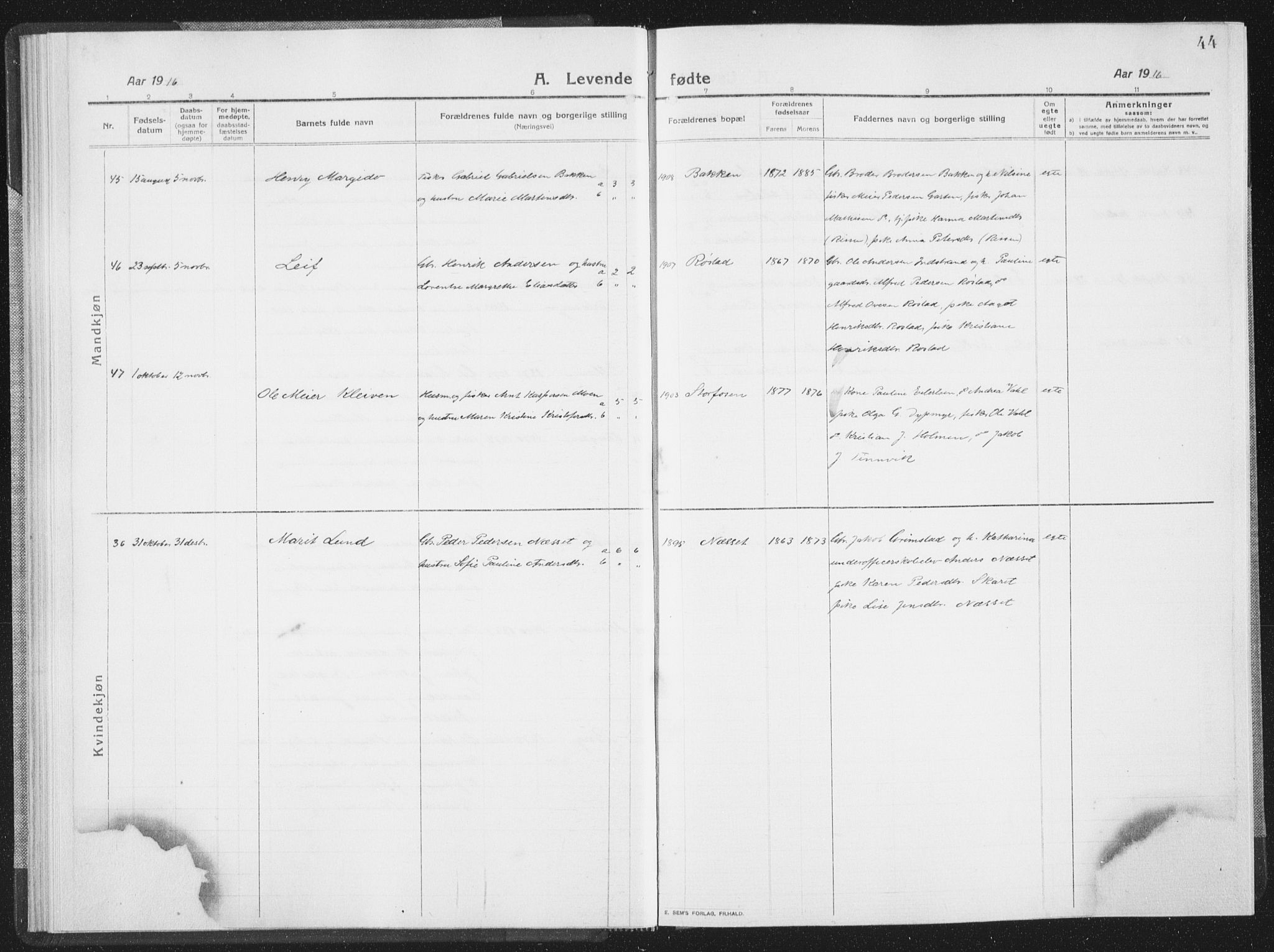 Ministerialprotokoller, klokkerbøker og fødselsregistre - Sør-Trøndelag, SAT/A-1456/659/L0747: Klokkerbok nr. 659C04, 1913-1938, s. 44