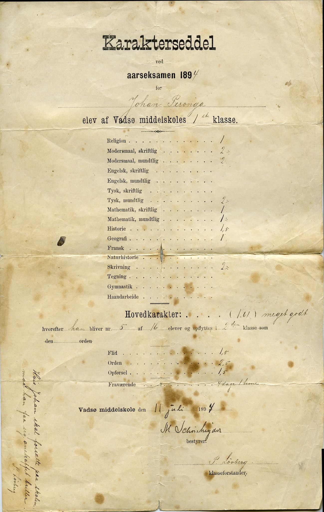 Johan Beronkas testamentariske gave, FMFB/A-1098/E/L0001: Karakterseddel for Johan Beronka, Vadsø middelskole 1. klasse, 1894, s. 1