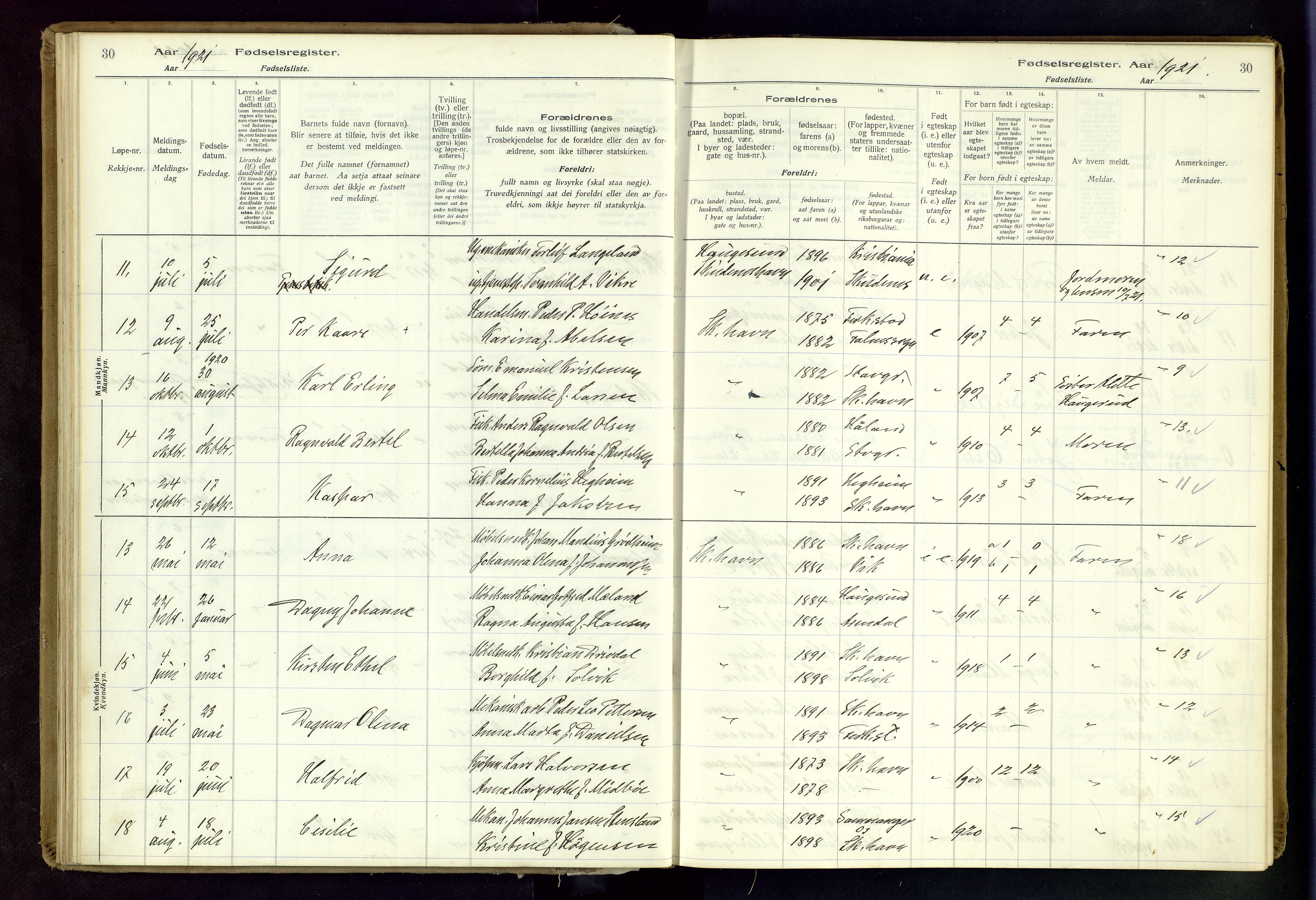 Skudenes sokneprestkontor, AV/SAST-A -101849/I/Id/L0003: Fødselsregister nr. 3, 1916-1964, s. 30