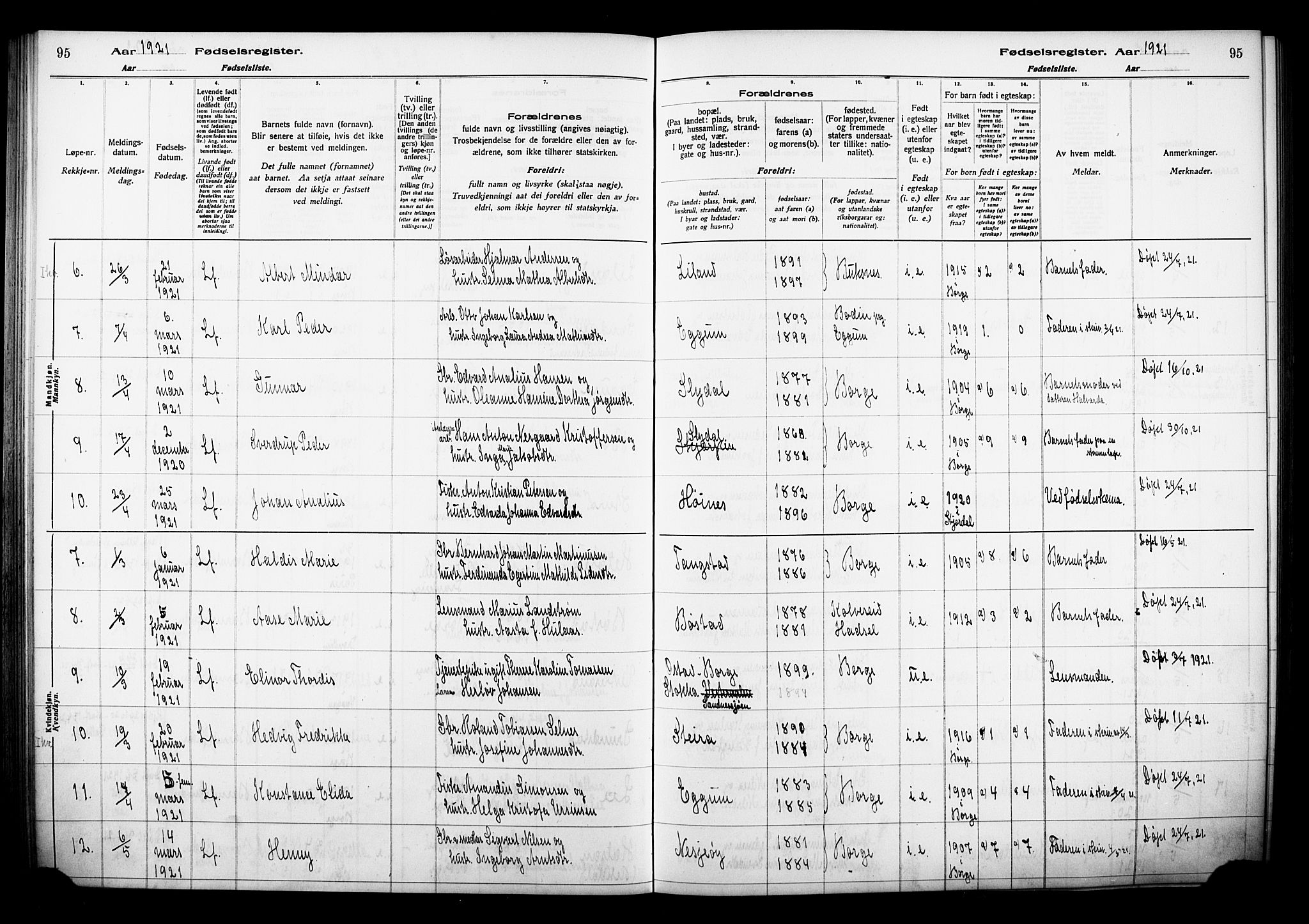 Ministerialprotokoller, klokkerbøker og fødselsregistre - Nordland, AV/SAT-A-1459/880/L1145: Fødselsregister nr. 880.II.4.1, 1916-1929, s. 95