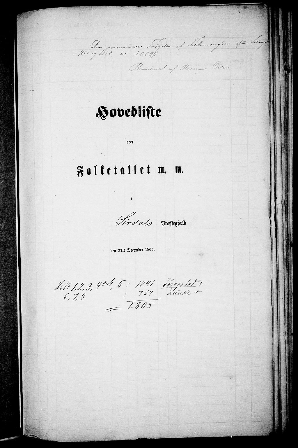 RA, Folketelling 1865 for 1046P Sirdal prestegjeld, 1865, s. 1