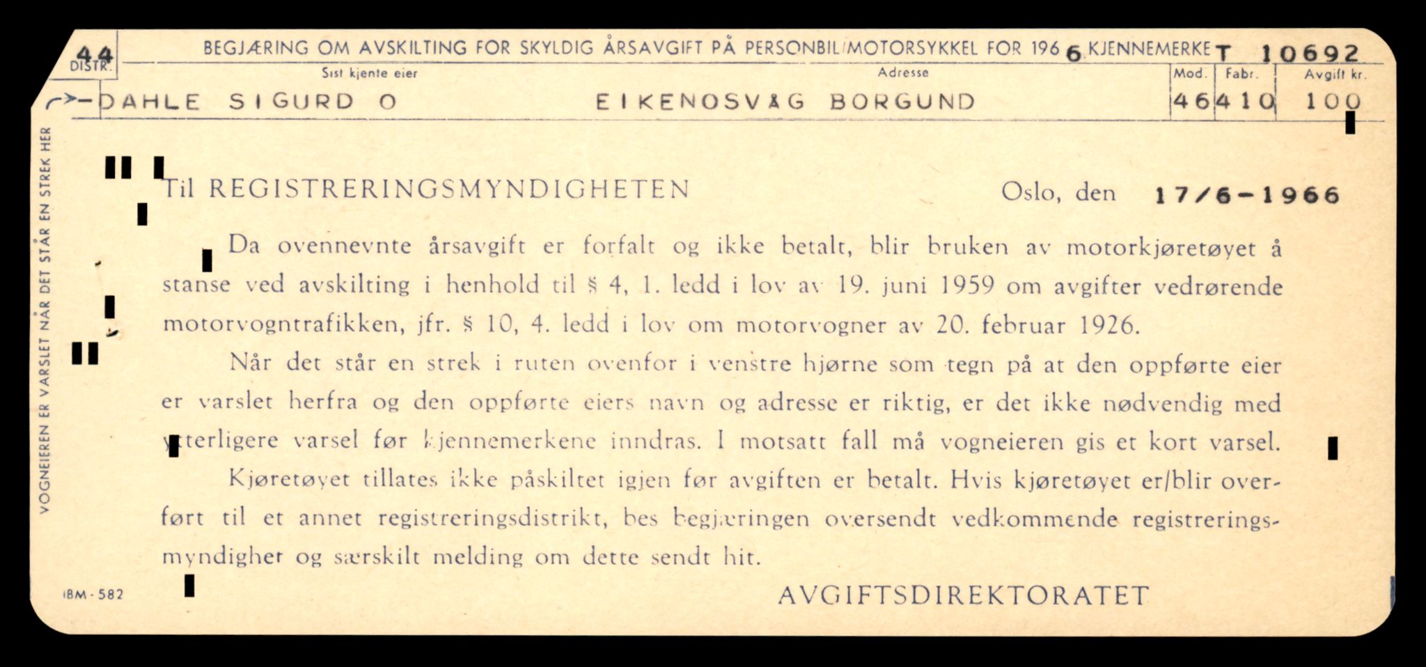 Møre og Romsdal vegkontor - Ålesund trafikkstasjon, SAT/A-4099/F/Fe/L0022: Registreringskort for kjøretøy T 10584 - T 10694, 1927-1998, s. 3021