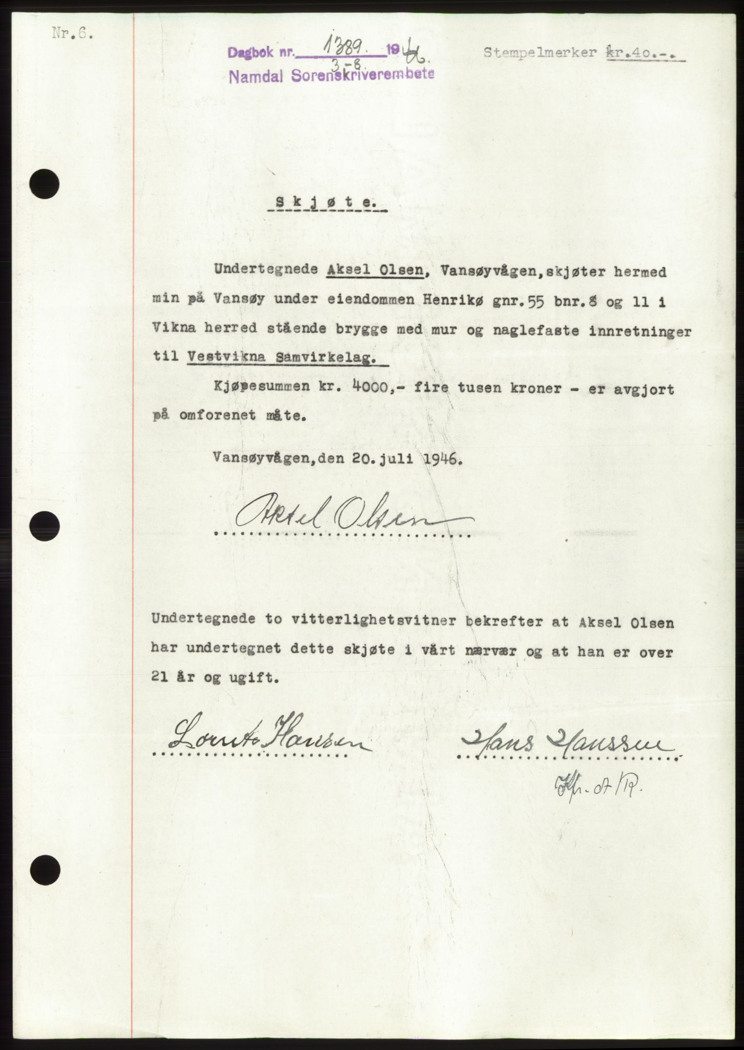 Namdal sorenskriveri, SAT/A-4133/1/2/2C: Pantebok nr. -, 1946-1946, Dagboknr: 1389/1946