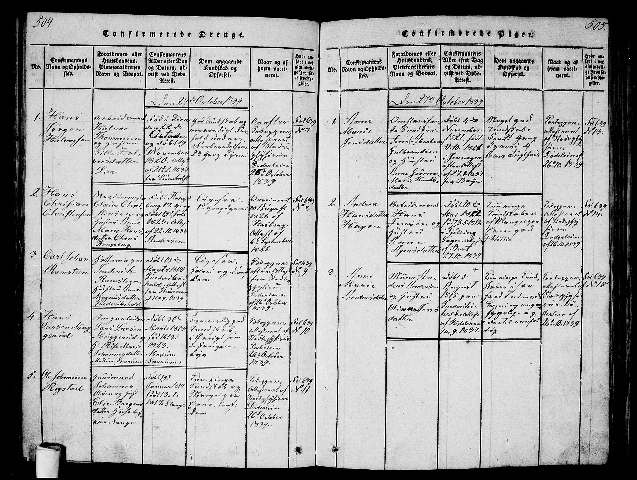 Kristiania tukthusprest Kirkebøker, SAO/A-10881/G/Ga/L0001: Klokkerbok nr. 1, 1818-1857, s. 504-505