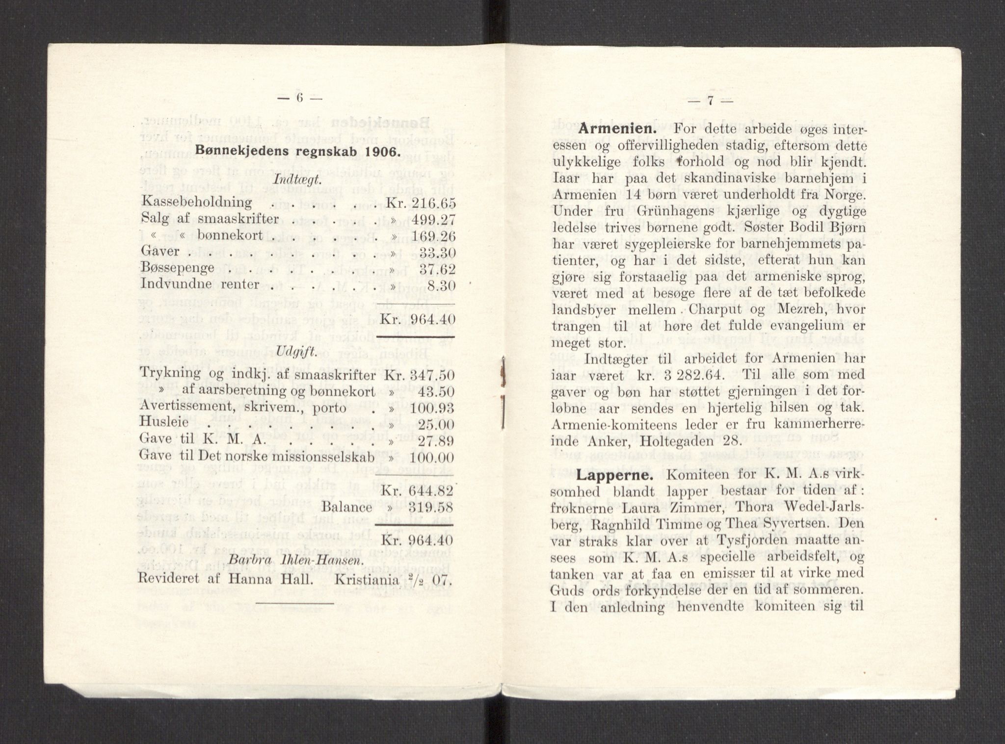 Kvinnelige Misjonsarbeidere, AV/RA-PA-0699/F/Fa/L0001/0007: -- / Årsmeldinger, trykte, 1906-1915