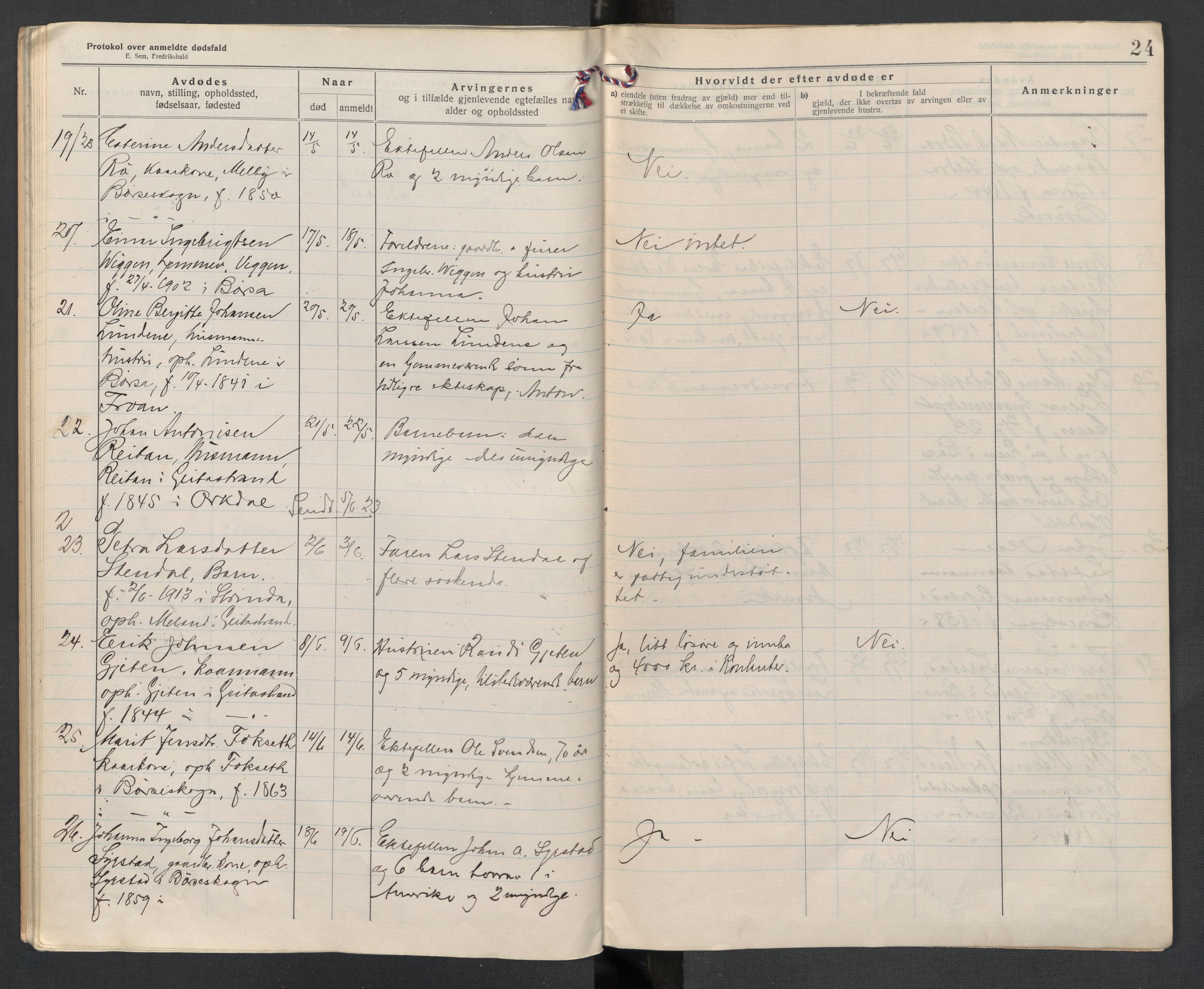 Børsa og Skaun lensmannskontor, AV/SAT-A-5888/02/L0004: 2.01.04 Dødsfallsprotokoll, 1920-1924, s. 24