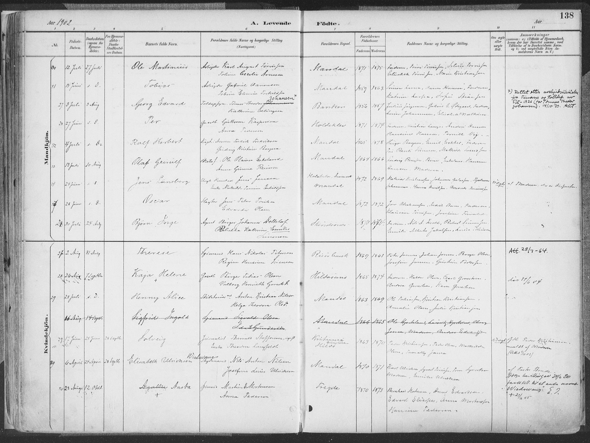 Mandal sokneprestkontor, AV/SAK-1111-0030/F/Fa/Faa/L0018: Ministerialbok nr. A 18, 1890-1905, s. 138