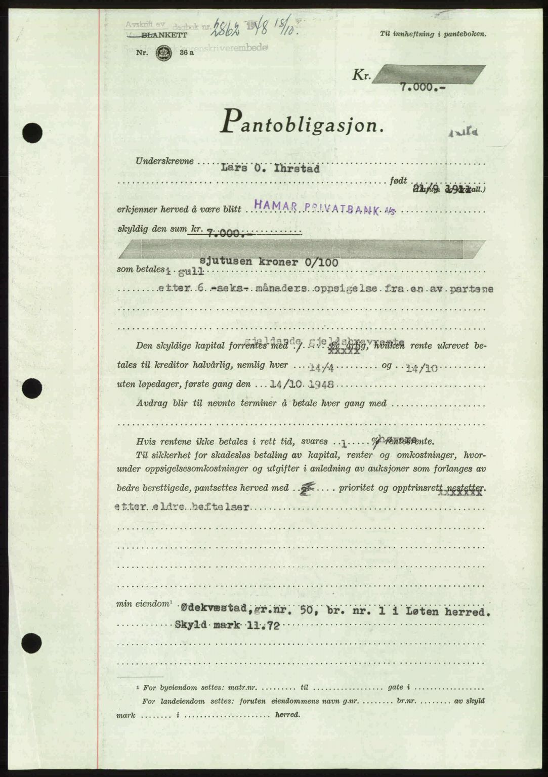 Sør-Hedmark sorenskriveri, SAH/TING-014/H/Hb/Hbd/L0018: Pantebok nr. 18, 1948-1949, Dagboknr: 2862/1948