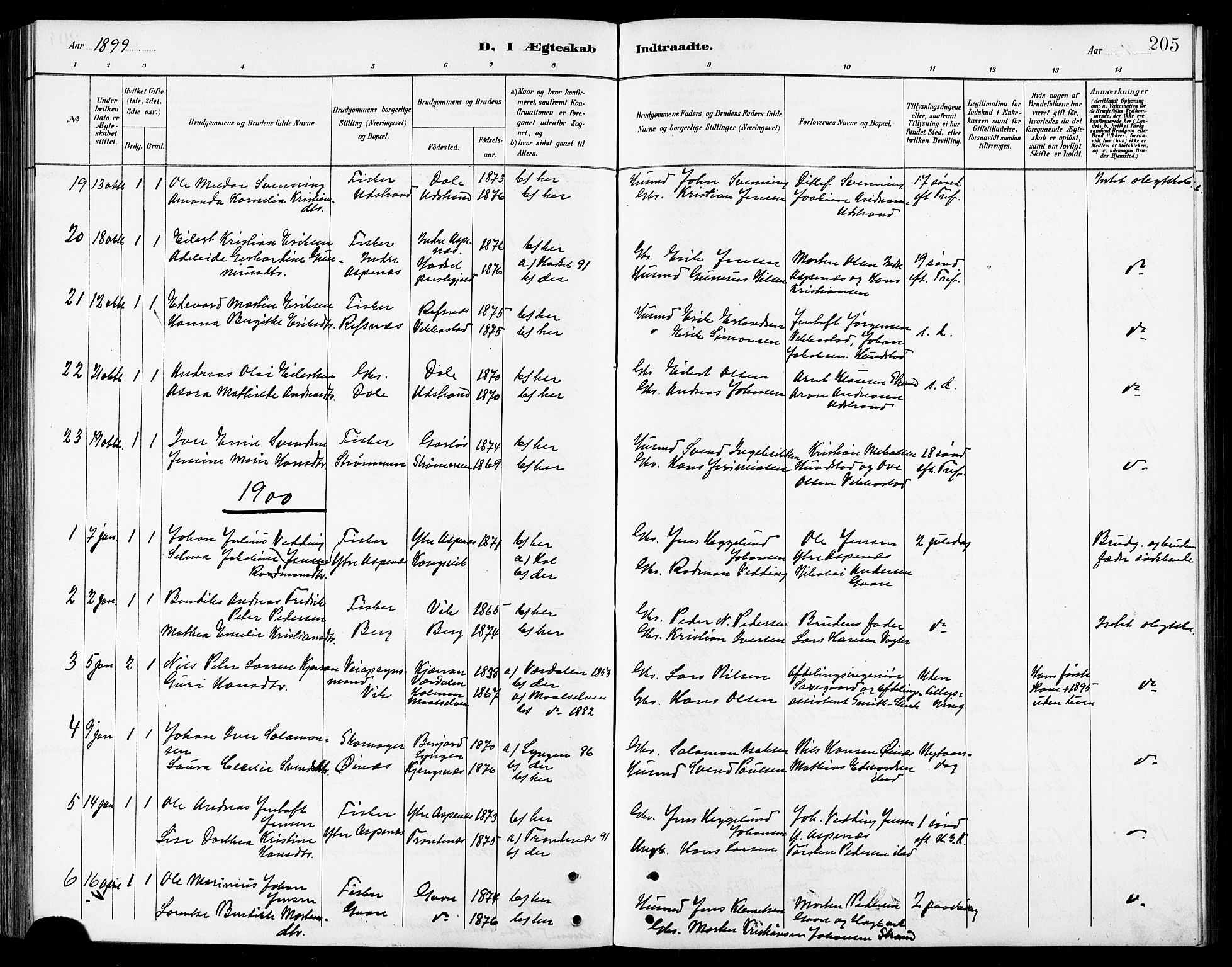 Kvæfjord sokneprestkontor, AV/SATØ-S-1323/G/Ga/Gab/L0005klokker: Klokkerbok nr. 5, 1886-1911, s. 205