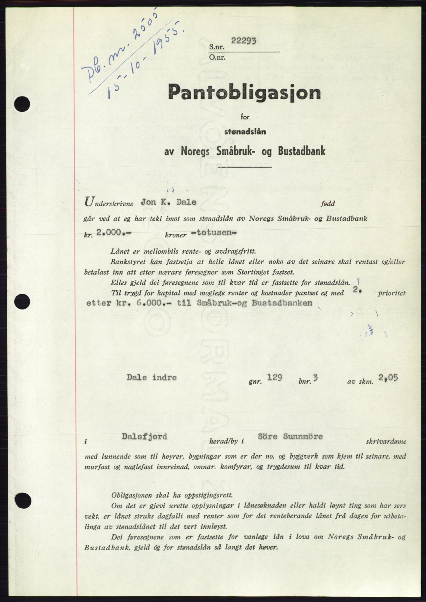 Søre Sunnmøre sorenskriveri, SAT/A-4122/1/2/2C/L0127: Pantebok nr. 15B, 1955-1955, Dagboknr: 2505/1955