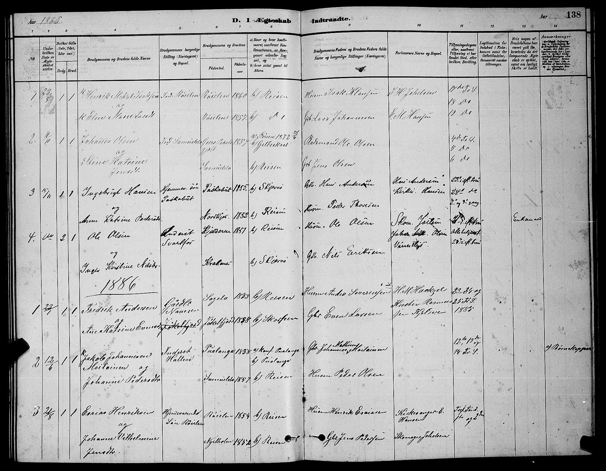 Skjervøy sokneprestkontor, AV/SATØ-S-1300/H/Ha/Hab/L0020klokker: Klokkerbok nr. 20, 1878-1892, s. 138