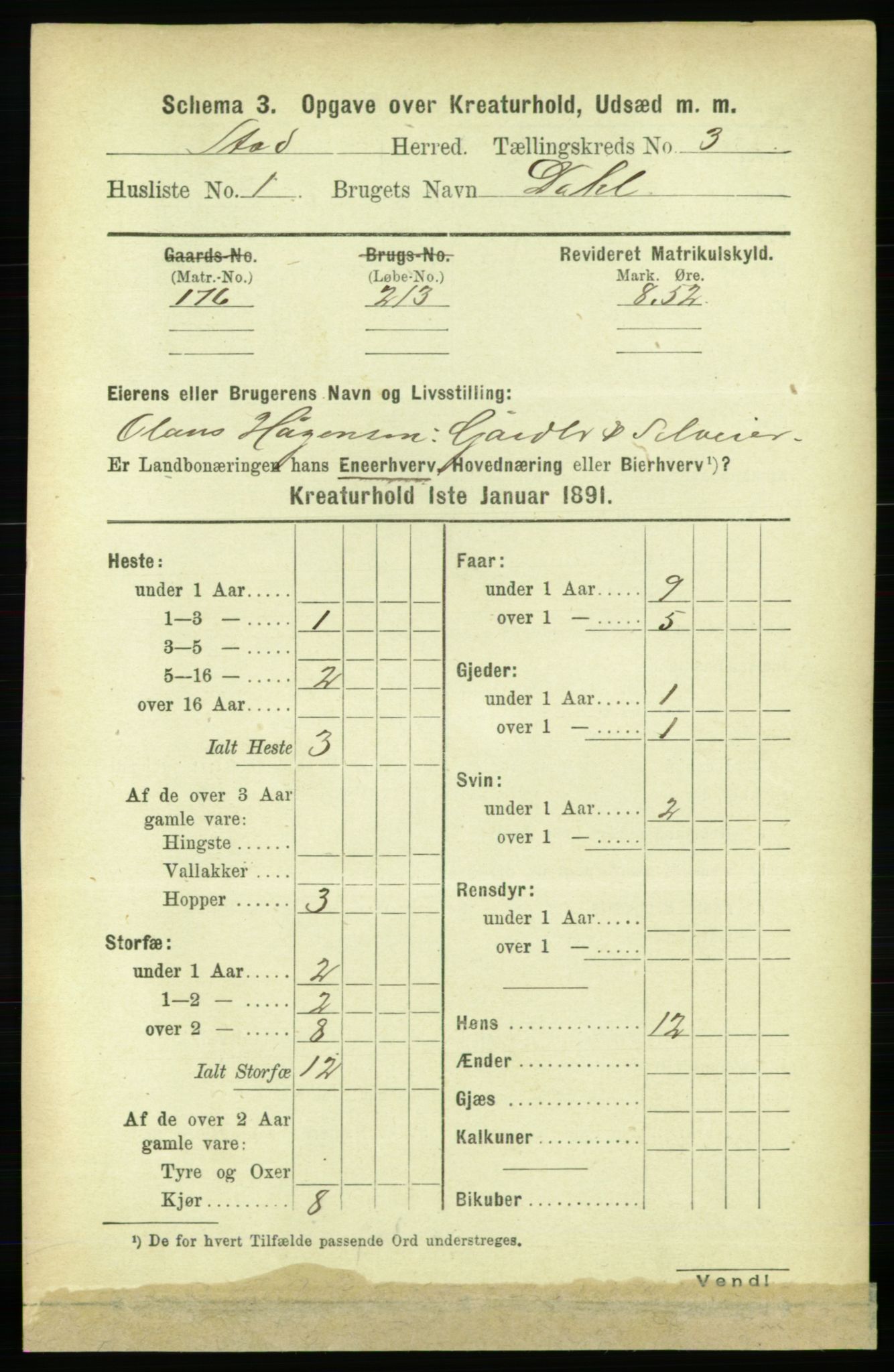 RA, Folketelling 1891 for 1734 Stod herred, 1891, s. 3261