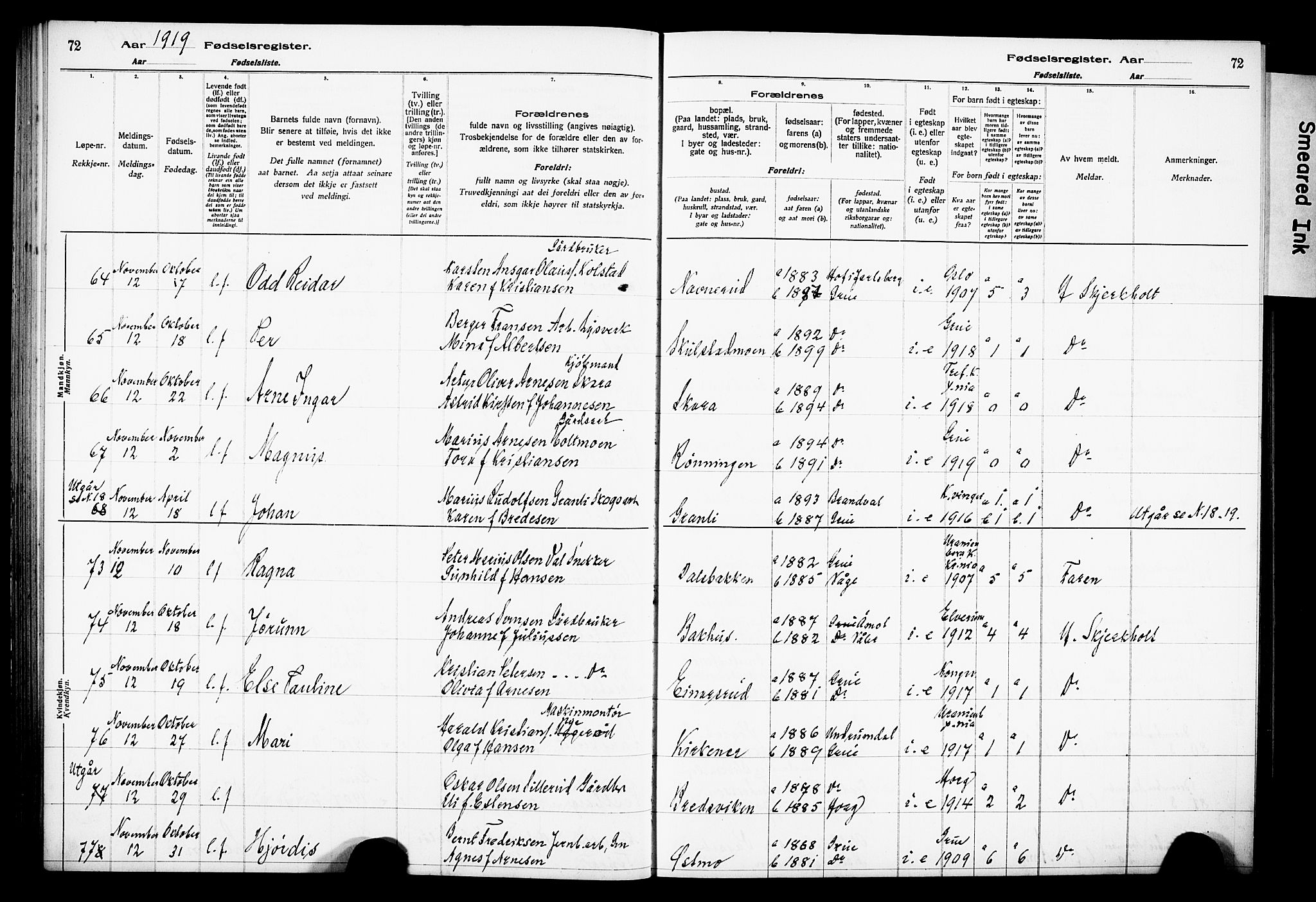 Grue prestekontor, AV/SAH-PREST-036/I/Id/Ida/L0001: Fødselsregister nr. I 1, 1916-1926, s. 72