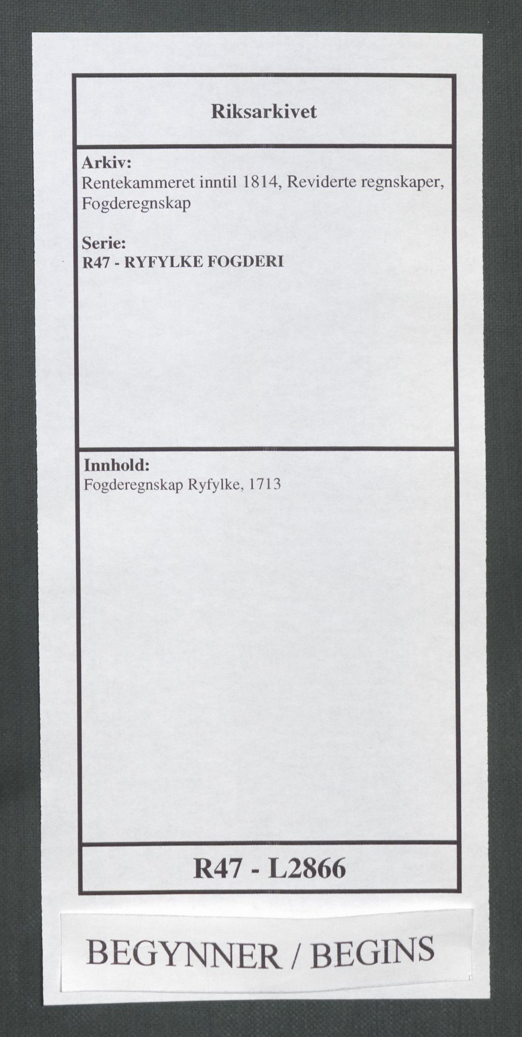 Rentekammeret inntil 1814, Reviderte regnskaper, Fogderegnskap, AV/RA-EA-4092/R47/L2866: Fogderegnskap Ryfylke, 1713, s. 1