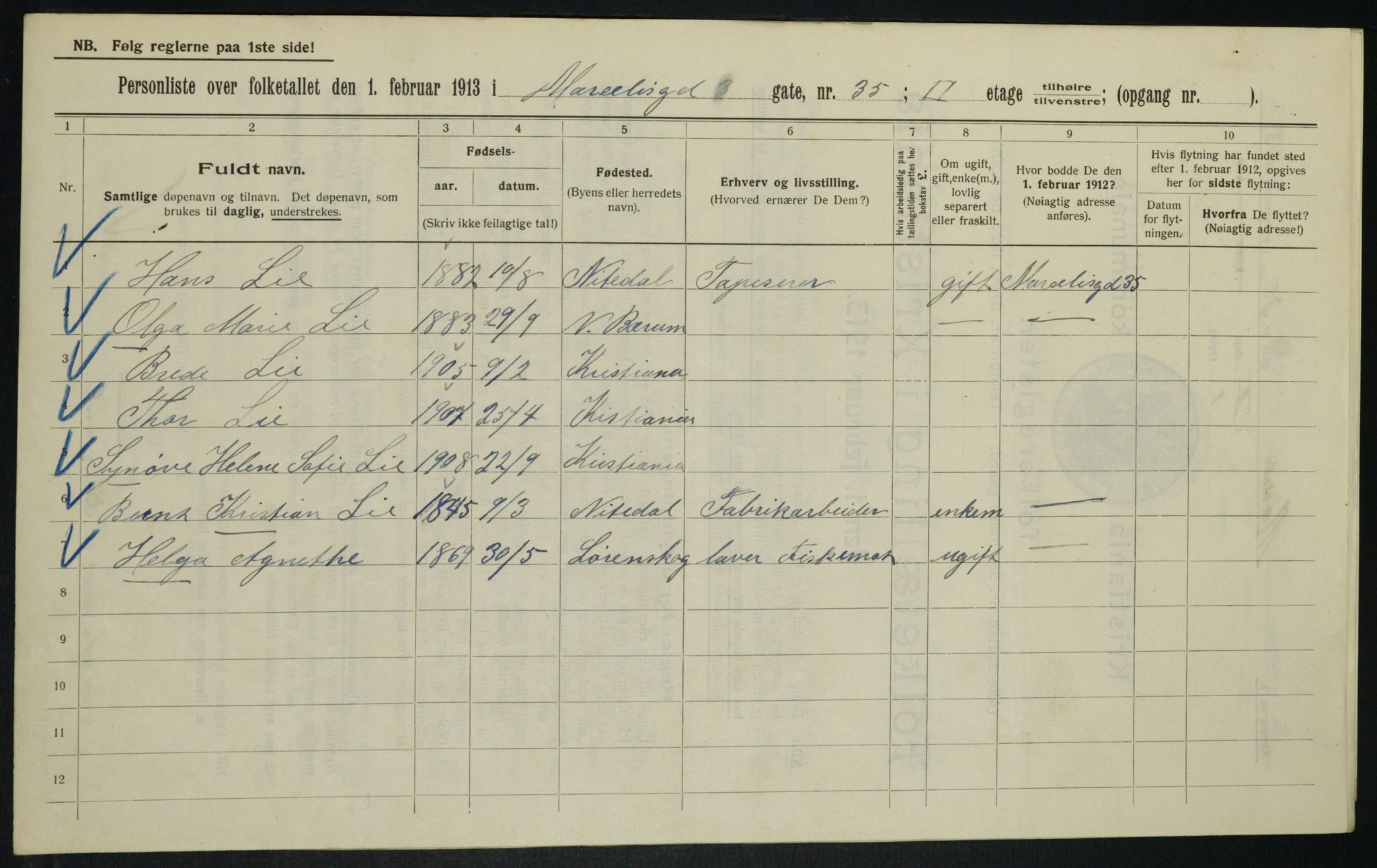 OBA, Kommunal folketelling 1.2.1913 for Kristiania, 1913, s. 64496