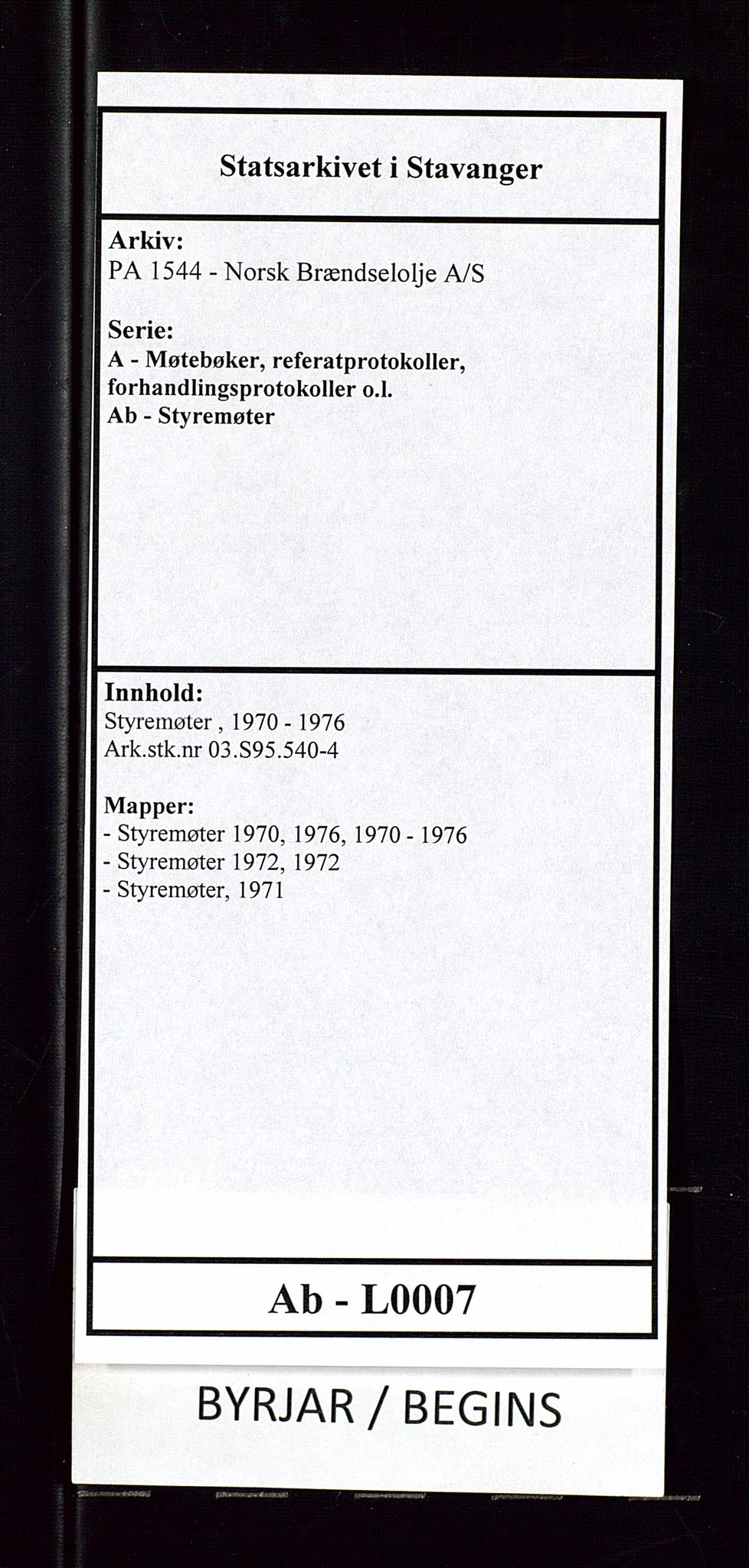 PA 1544 - Norsk Brændselolje A/S, SAST/A-101965/1/A/Ab/L0007/0003: Styremøter  / Styremøter, 1971, s. 1