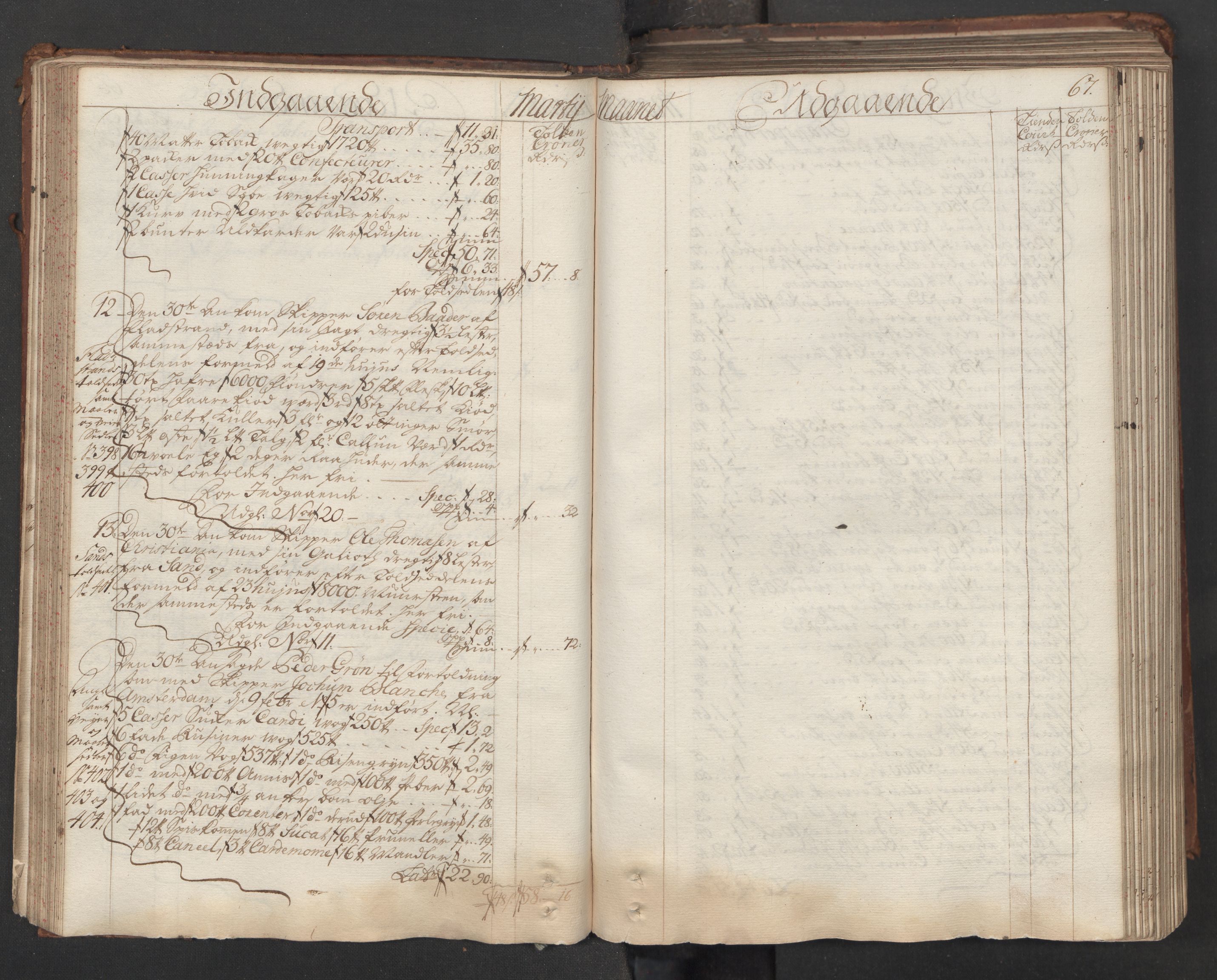 Generaltollkammeret, tollregnskaper, AV/RA-EA-5490/R06/L0015/0001: Tollregnskaper Kristiania / Hovedtollbok, 1733, s. 66b-67a