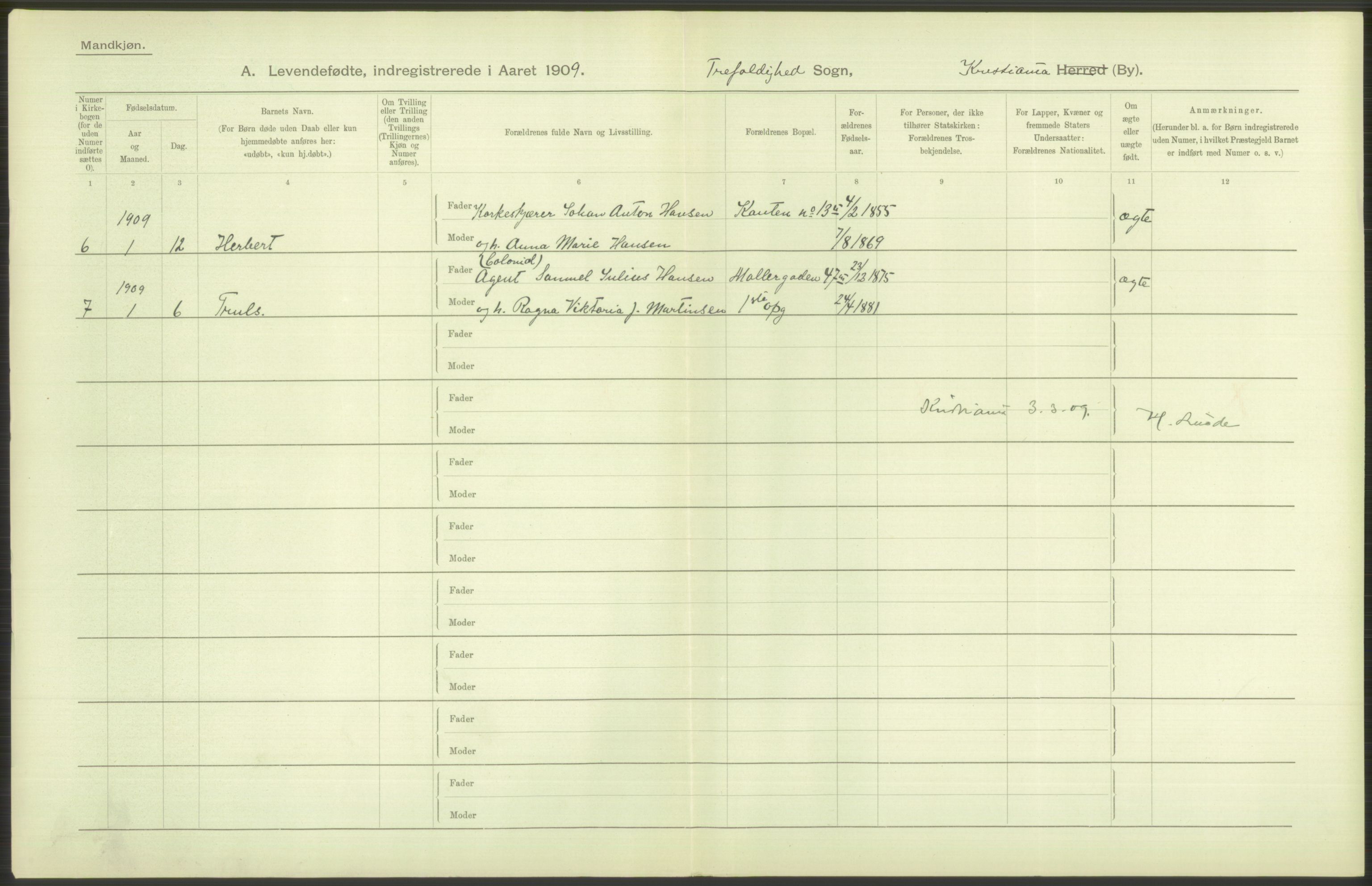 Statistisk sentralbyrå, Sosiodemografiske emner, Befolkning, RA/S-2228/D/Df/Dfa/Dfag/L0007: Kristiania: Levendefødte menn og kvinner., 1909, s. 154