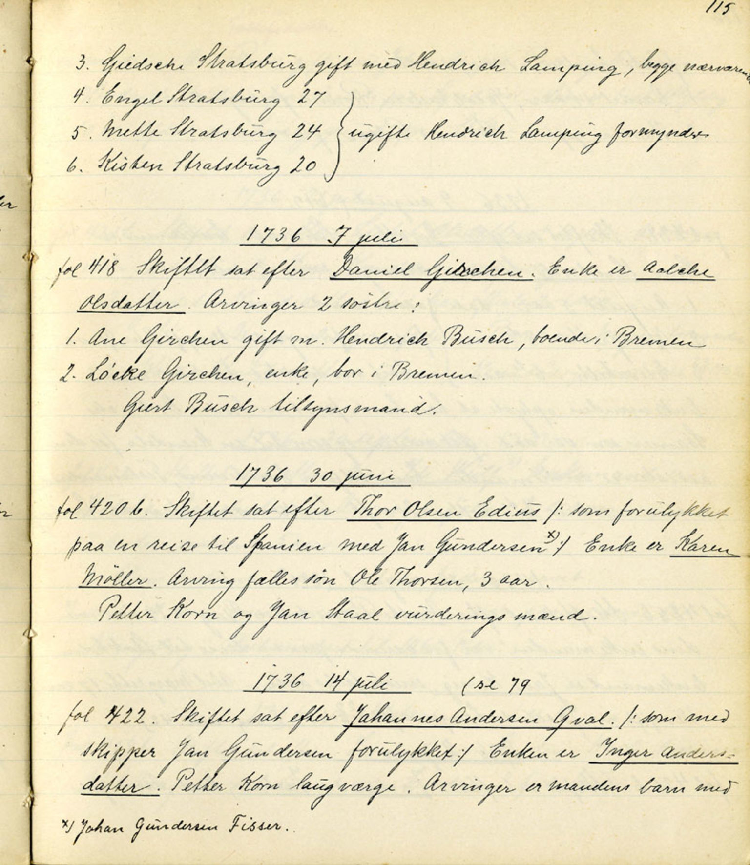 Sollied, Olaf og Thora - samlinger, AV/SAB-SAB/DA-0401/01/L0010/0001: Skifte: Utdrag av skifteprotokoller / 92 Skifteprotokoller: utdrag, 1731-1740, s. 115