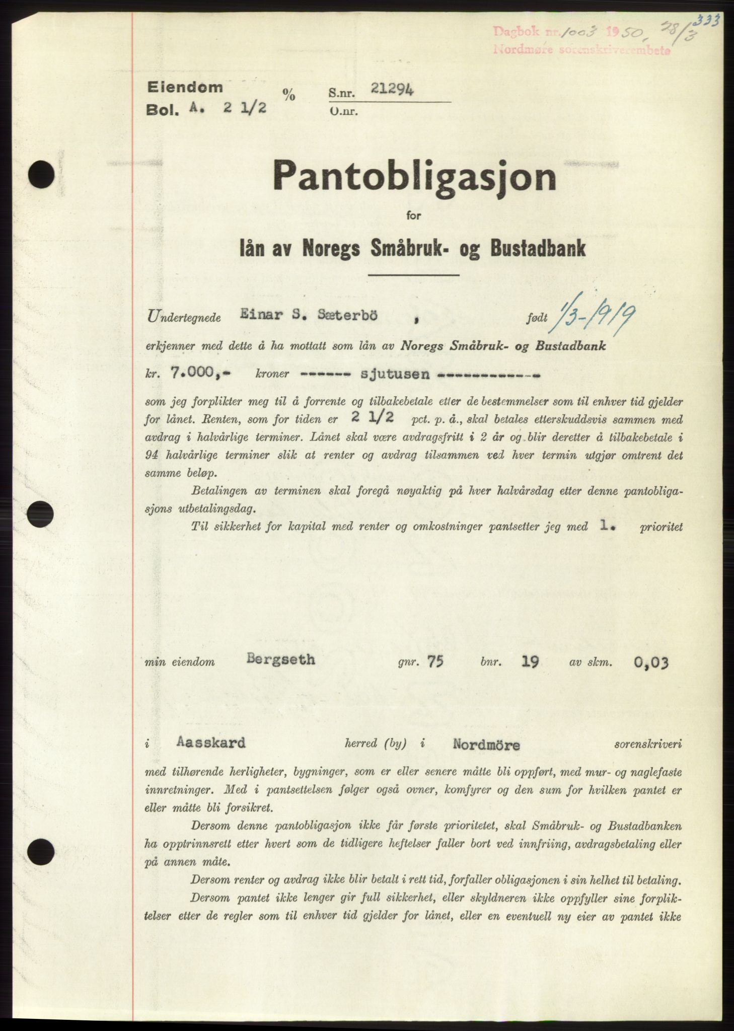 Nordmøre sorenskriveri, SAT/A-4132/1/2/2Ca: Pantebok nr. B104, 1950-1950, Dagboknr: 1003/1950