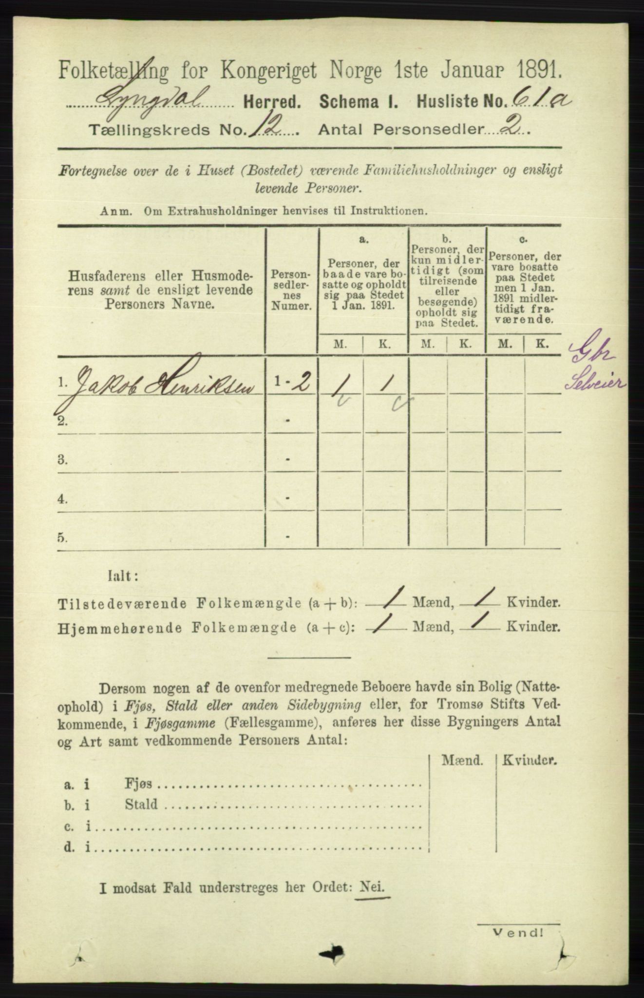 RA, Folketelling 1891 for 1032 Lyngdal herred, 1891, s. 5253