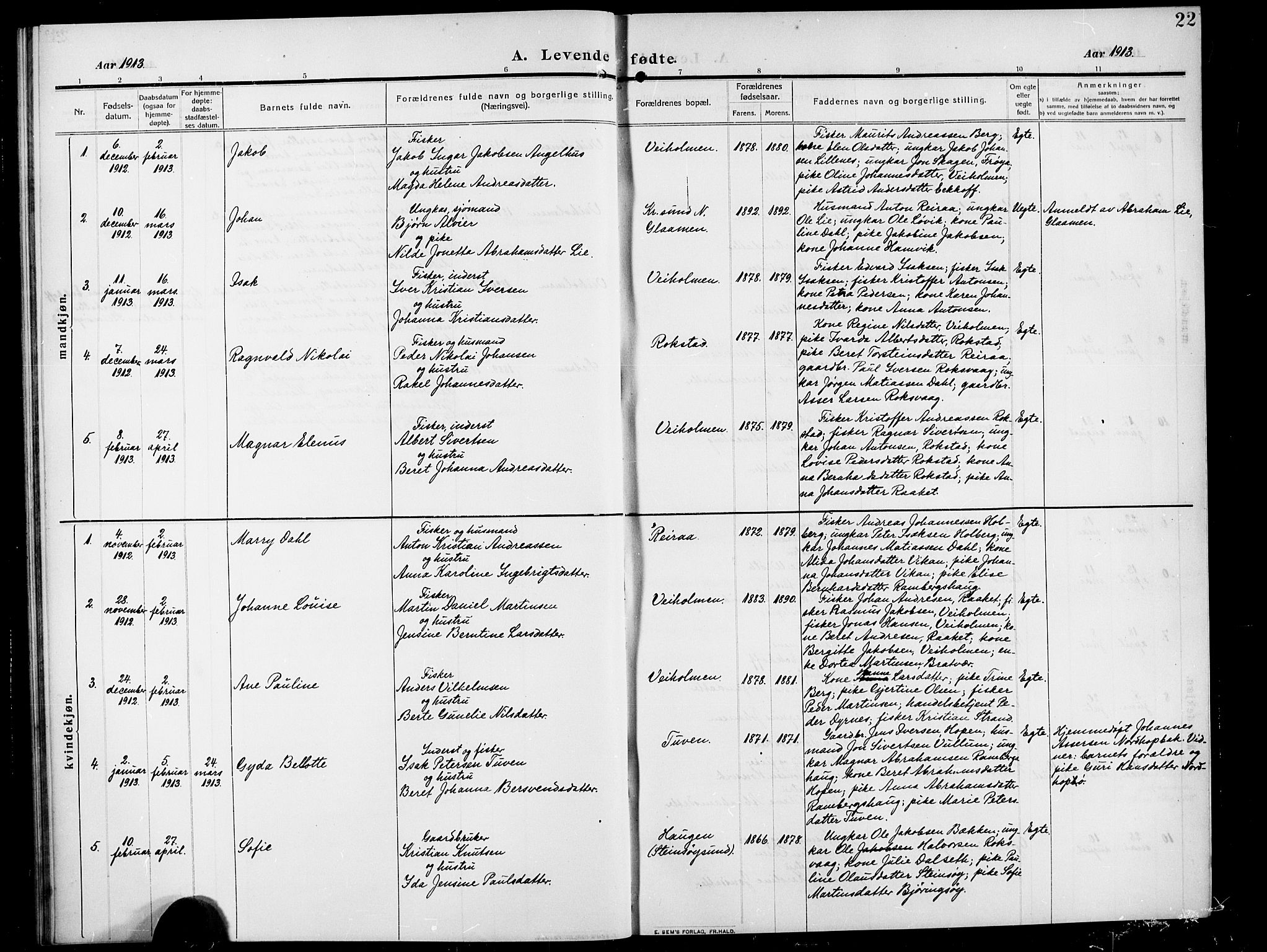 Ministerialprotokoller, klokkerbøker og fødselsregistre - Møre og Romsdal, SAT/A-1454/583/L0956: Klokkerbok nr. 583C01, 1909-1925, s. 22