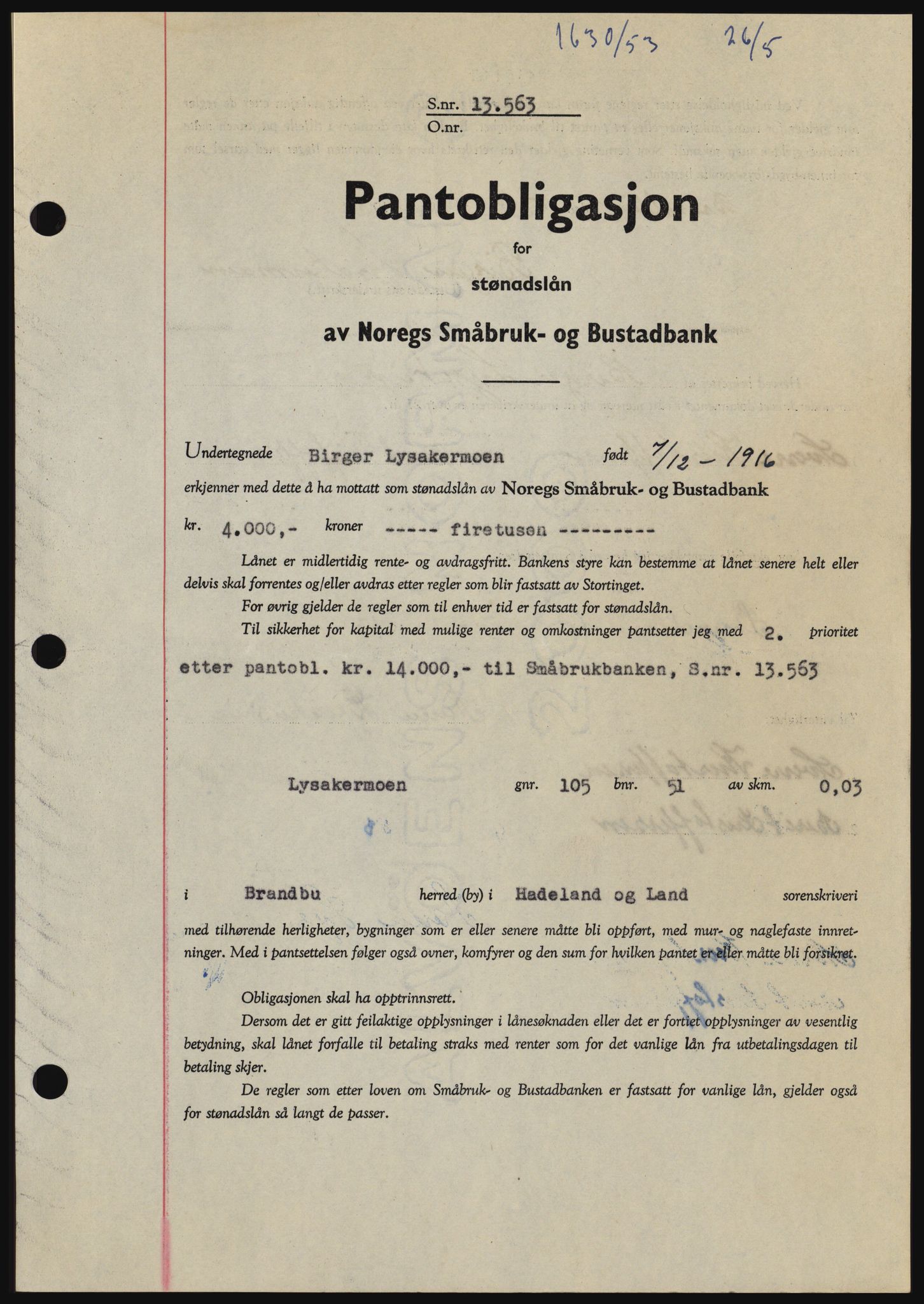 Hadeland og Land tingrett, SAH/TING-010/H/Hb/Hbc/L0027: Pantebok nr. B27, 1953-1953, Dagboknr: 1630/1953