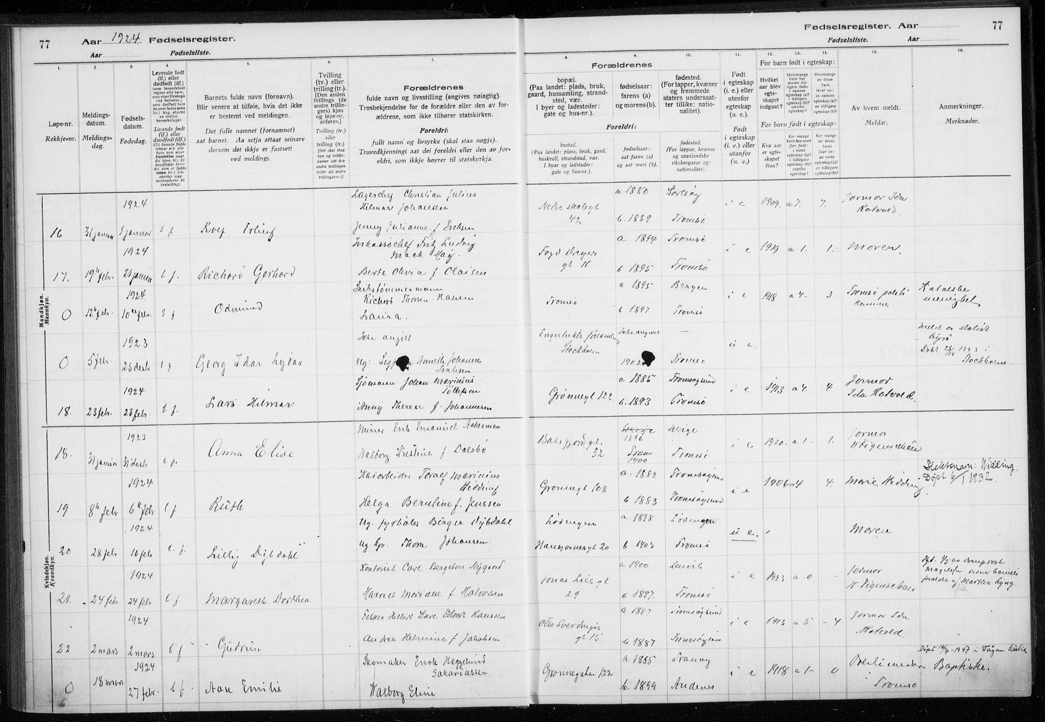 Tromsø sokneprestkontor/stiftsprosti/domprosti, AV/SATØ-S-1343/H/Ha/L0132: Fødselsregister nr. 132, 1921-1927, s. 77