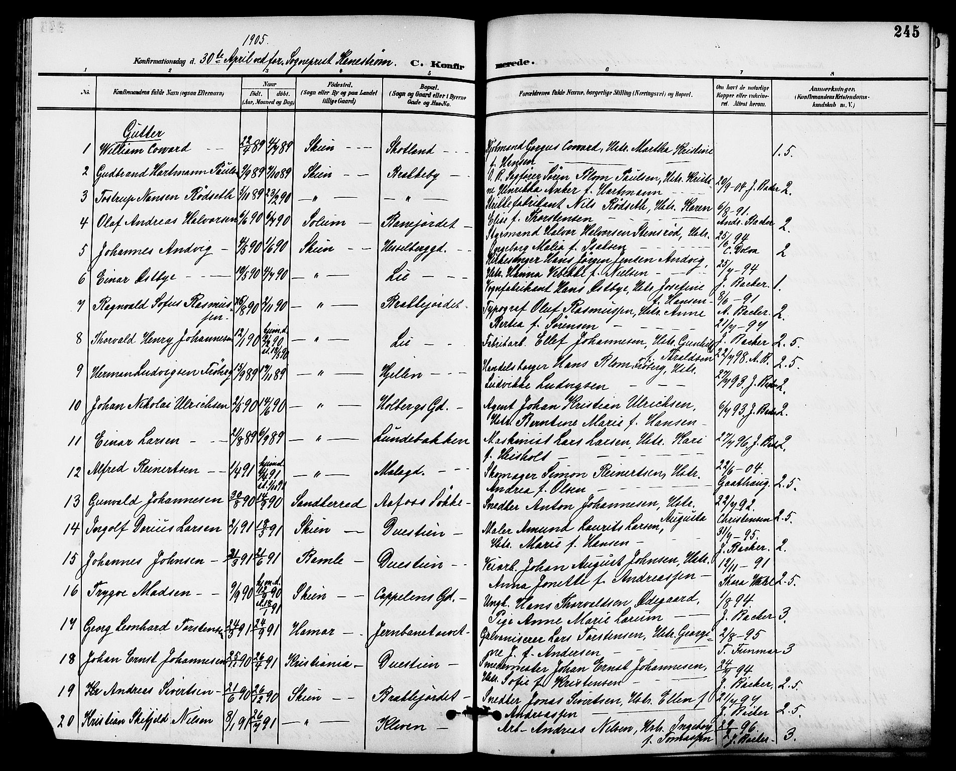 Skien kirkebøker, AV/SAKO-A-302/G/Ga/L0008: Klokkerbok nr. 8, 1900-1910, s. 245