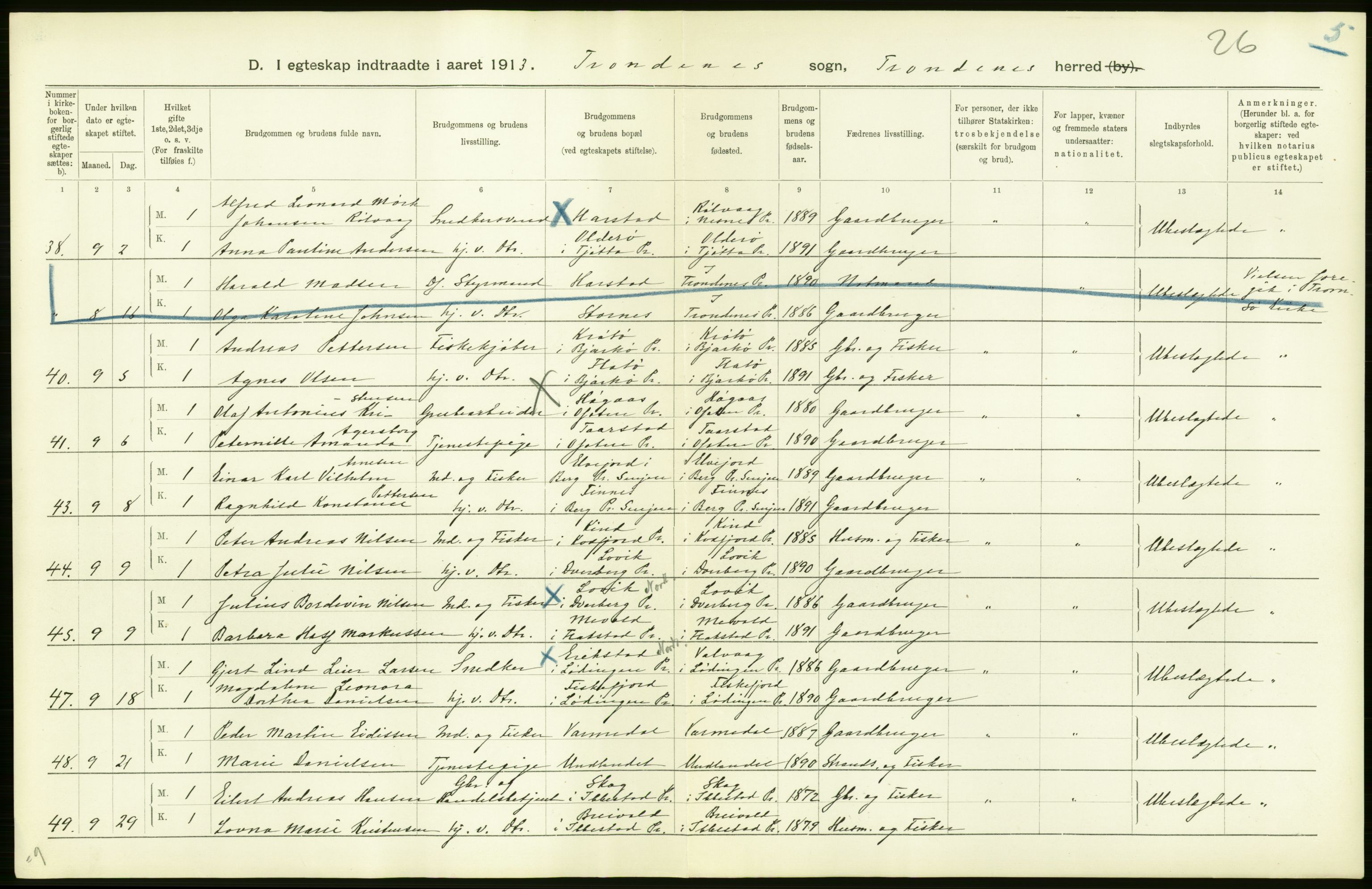 Statistisk sentralbyrå, Sosiodemografiske emner, Befolkning, AV/RA-S-2228/D/Df/Dfb/Dfbc/L0047: Tromsø amt: Gifte, døde, dødfødte. Bygder og byer., 1913, s. 16