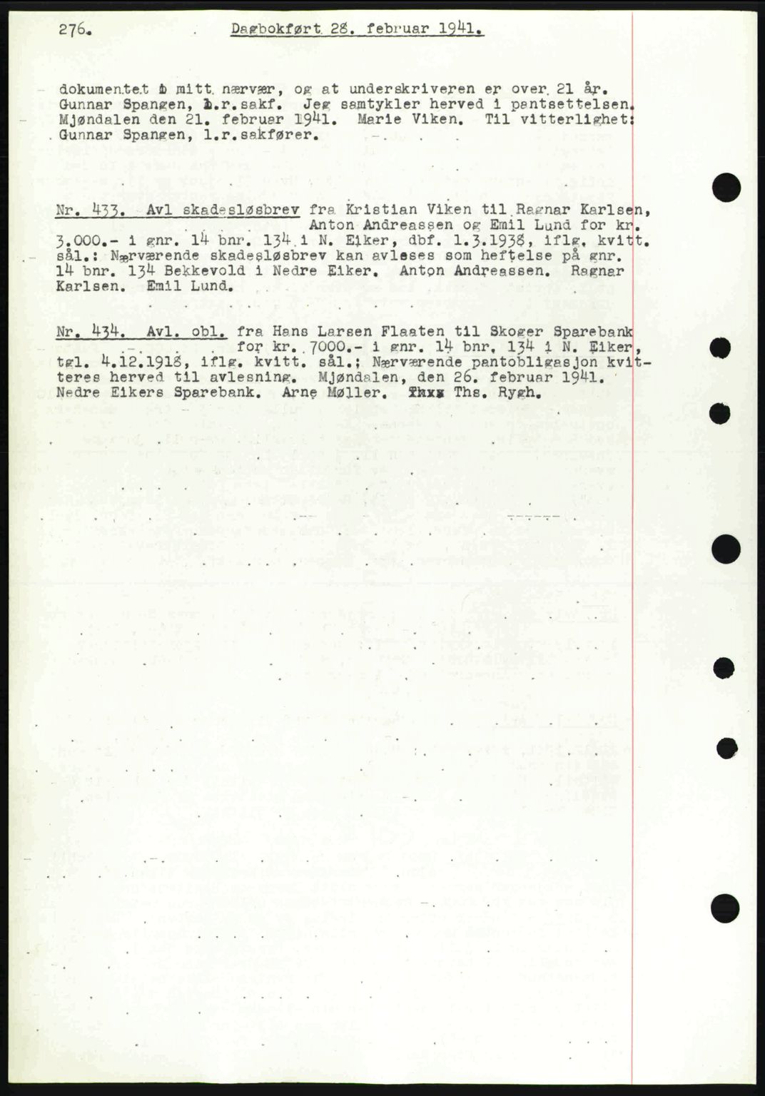 Eiker, Modum og Sigdal sorenskriveri, SAKO/A-123/G/Ga/Gab/L0043: Pantebok nr. A13, 1940-1941, Dagboknr: 433/1941