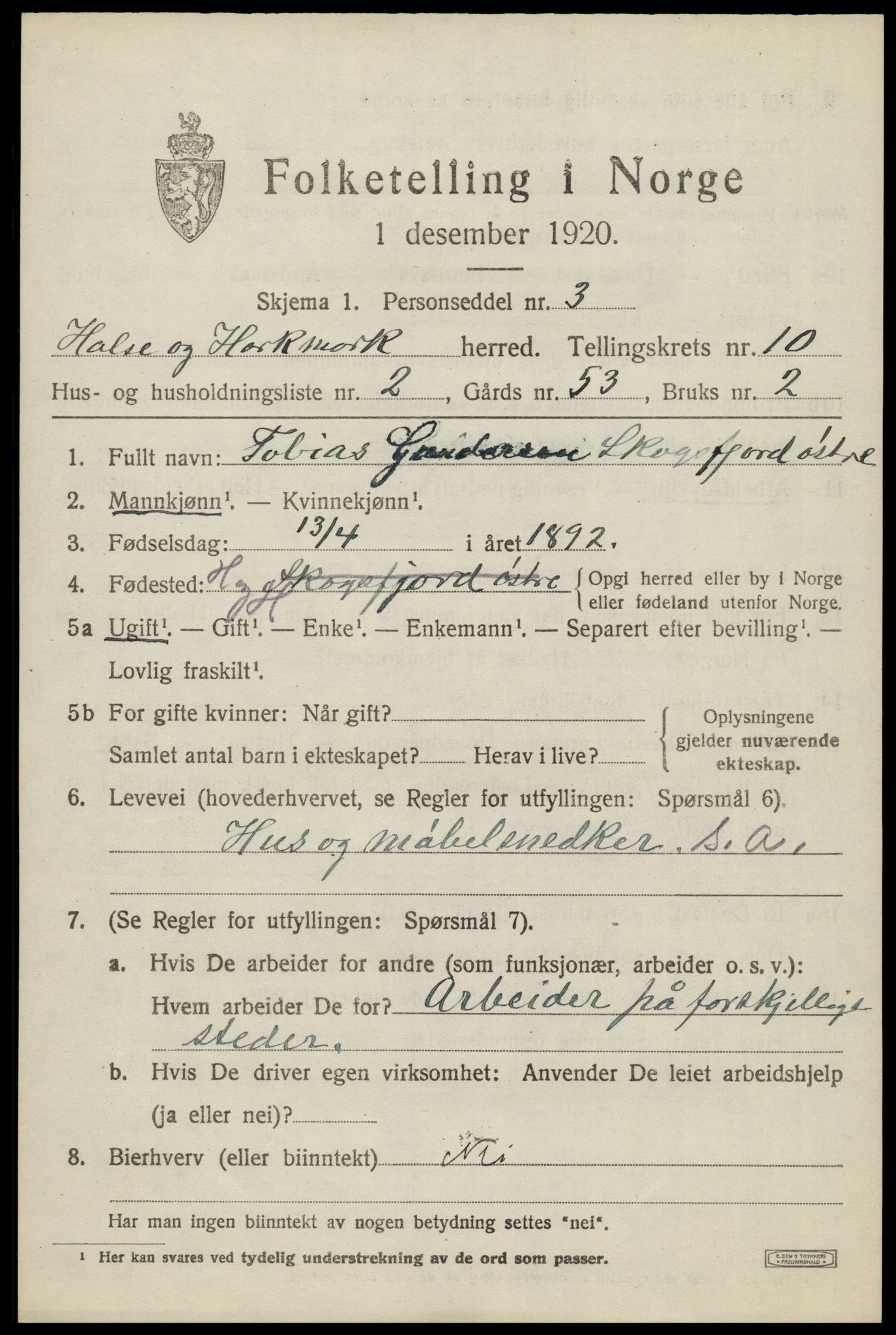 SAK, Folketelling 1920 for 1019 Halse og Harkmark herred, 1920, s. 5633