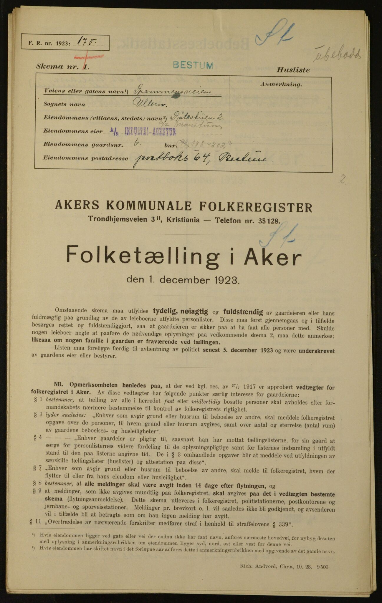 , Kommunal folketelling 1.12.1923 for Aker, 1923, s. 1047