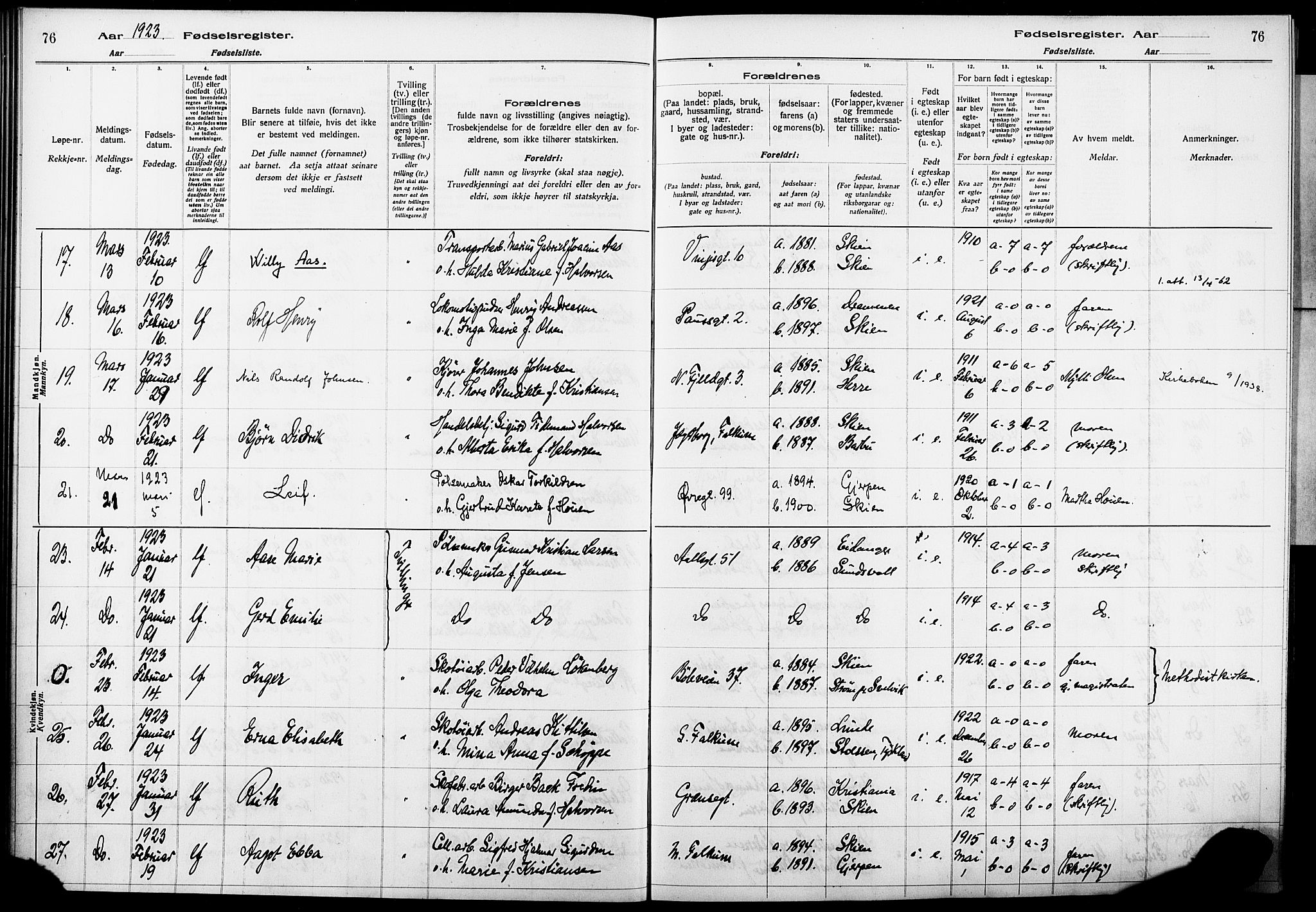 Skien kirkebøker, AV/SAKO-A-302/J/Ja/L0002: Fødselsregister nr. 2, 1921-1927, s. 76