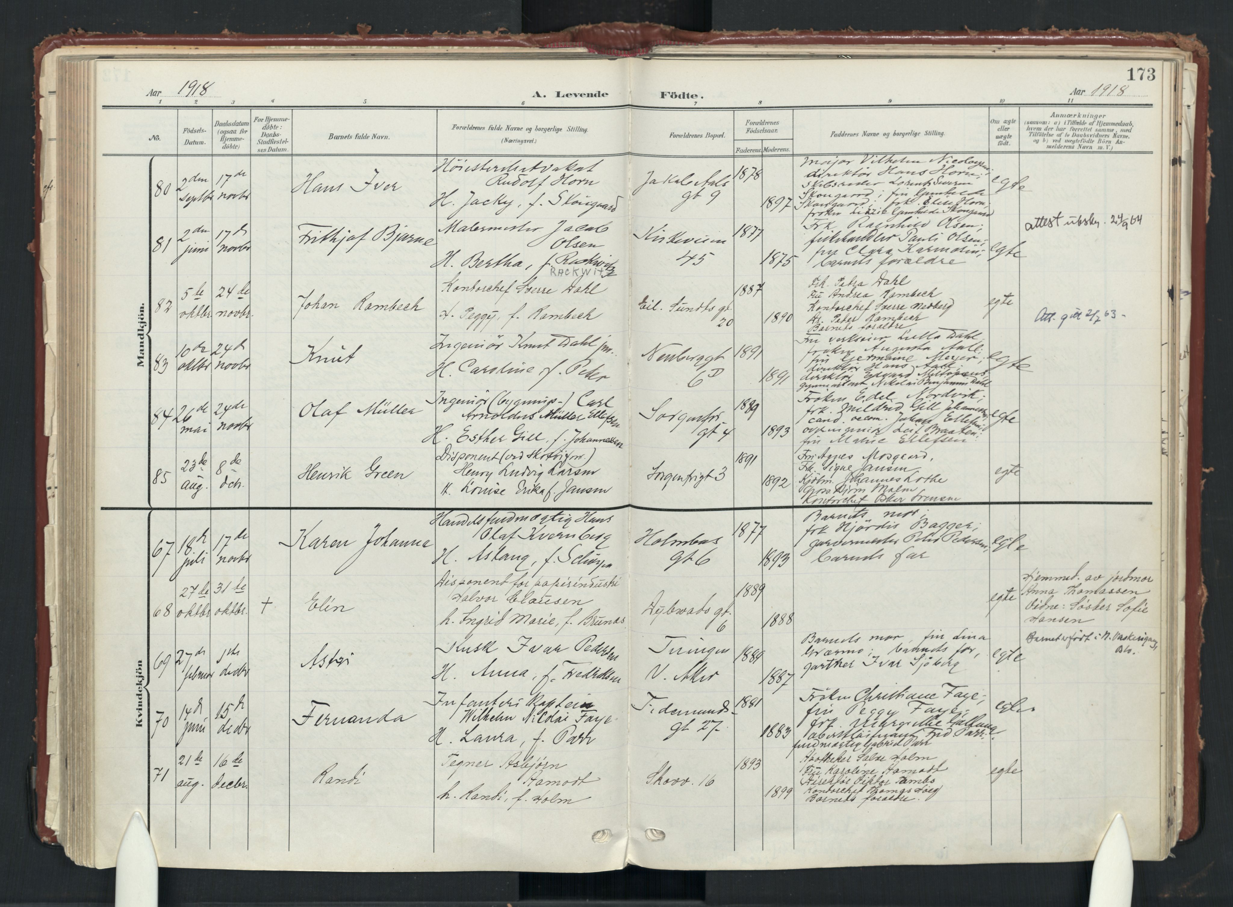 Uranienborg prestekontor Kirkebøker, AV/SAO-A-10877/F/Fa/L0010: Ministerialbok nr. 10, 1907-1928, s. 173